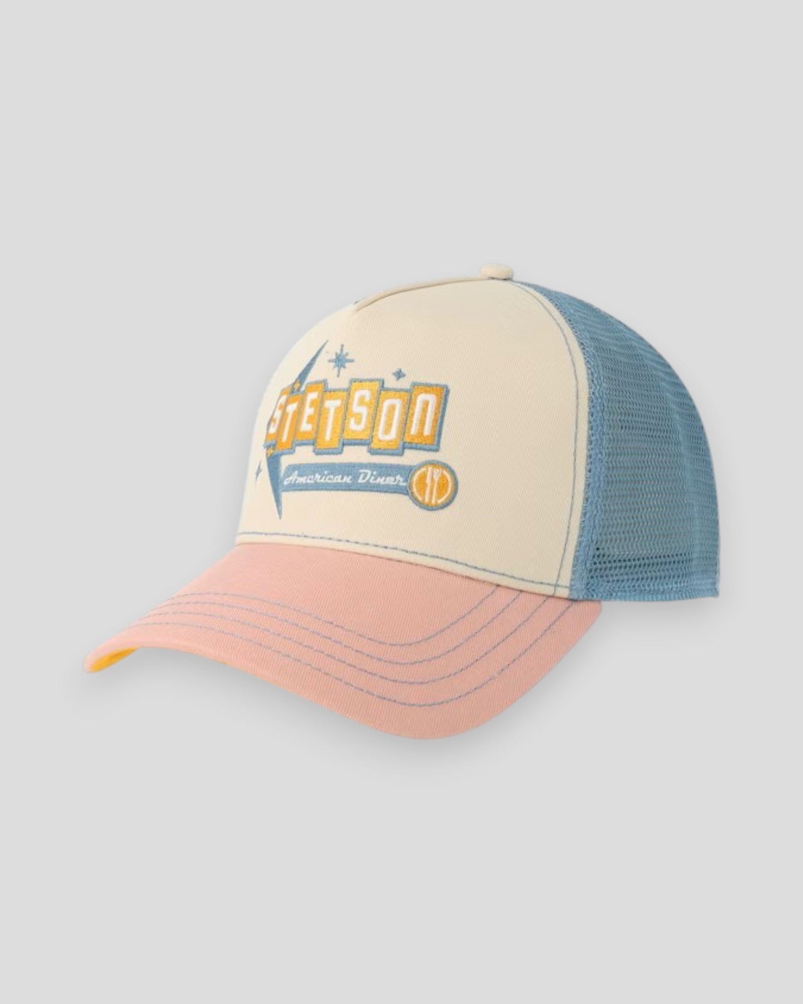 Pink Stetson Trucker Cap with American Diner design, adjustable mesh back, and curved brim.