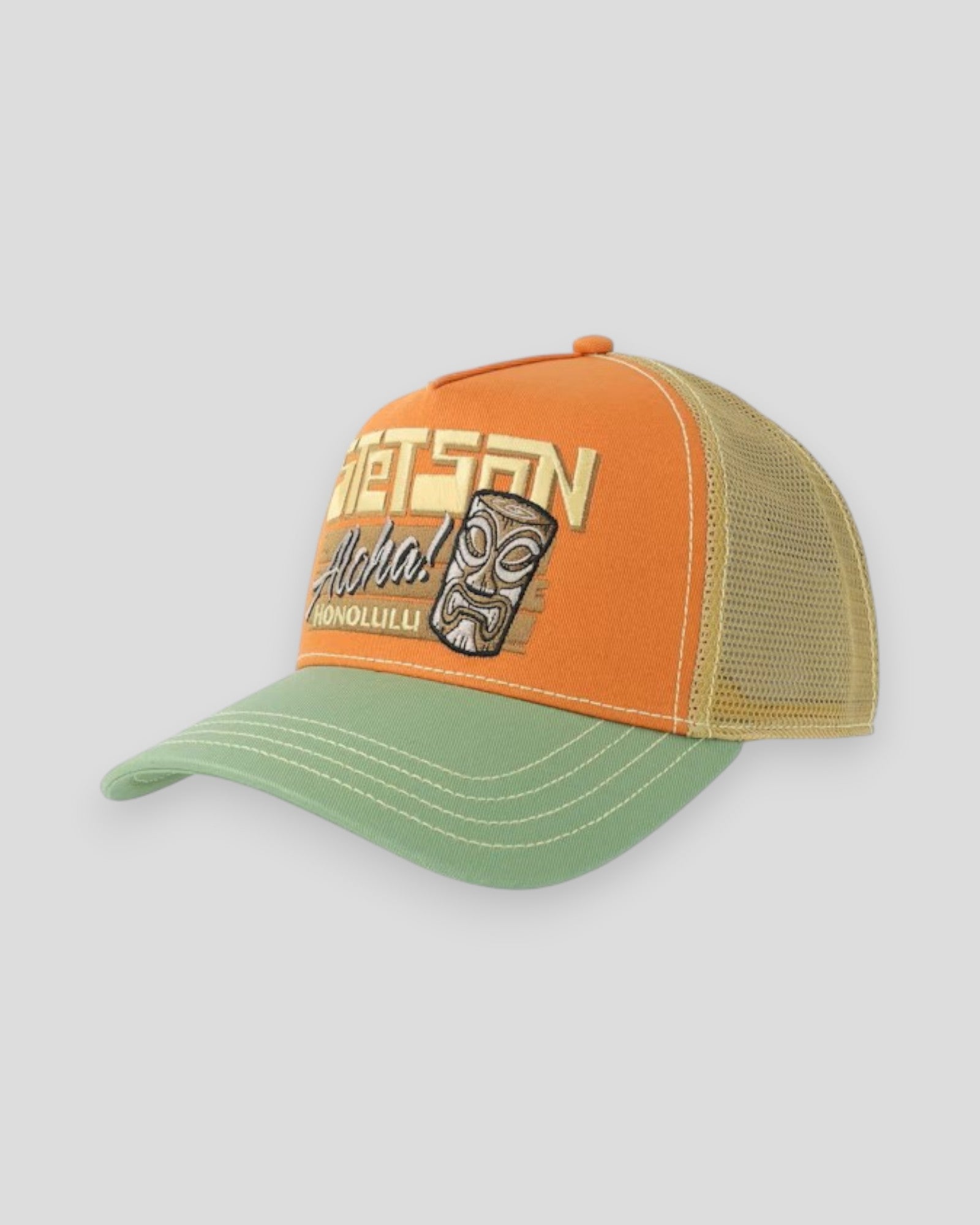 Orange Stetson Trucker Cap Honolulu style with mesh back and curved brim, casual outdoor accessory.