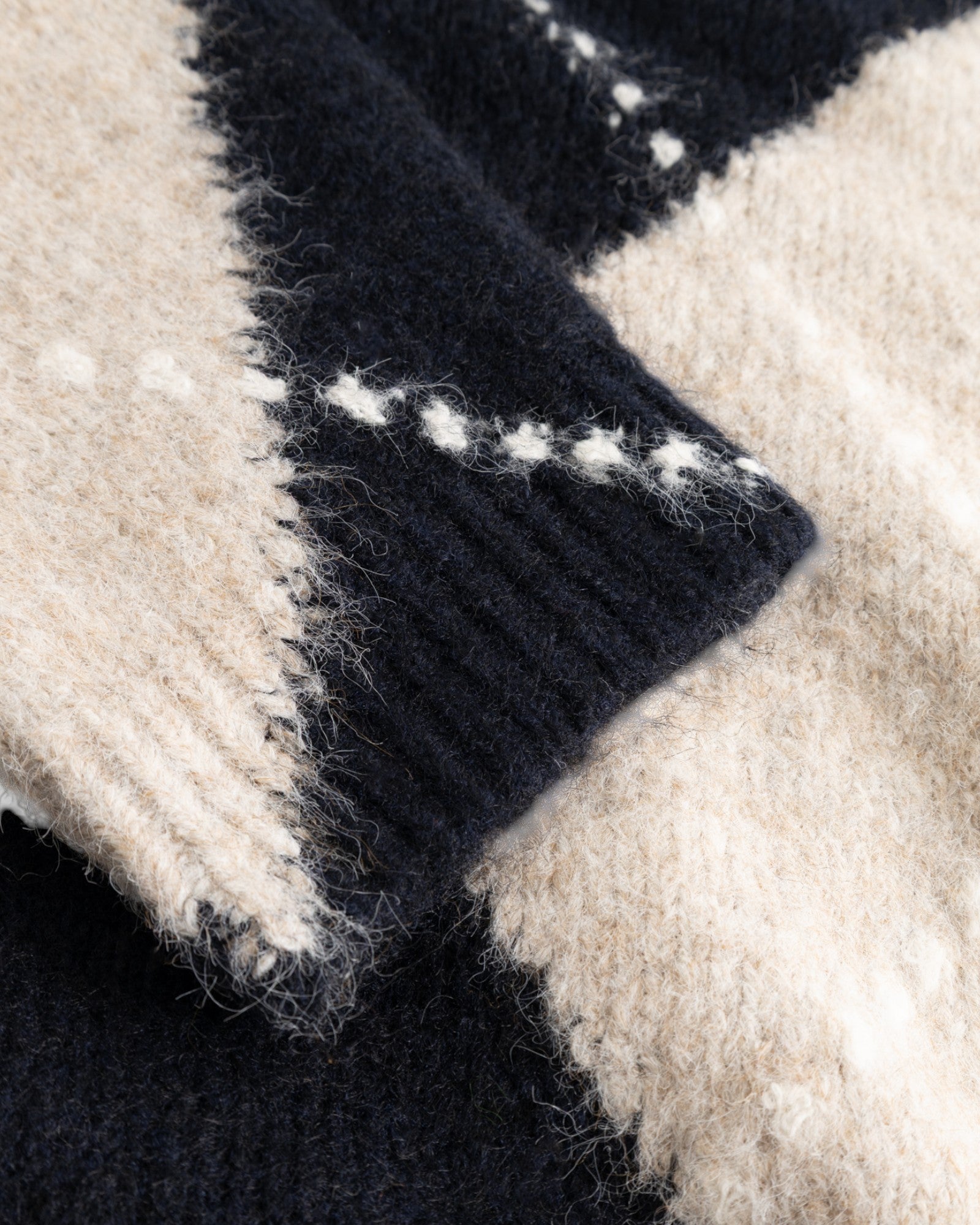 Noella Lai Knit women's navy mix knit sweater with textured pattern, close-up view of the soft, stylish fabric.