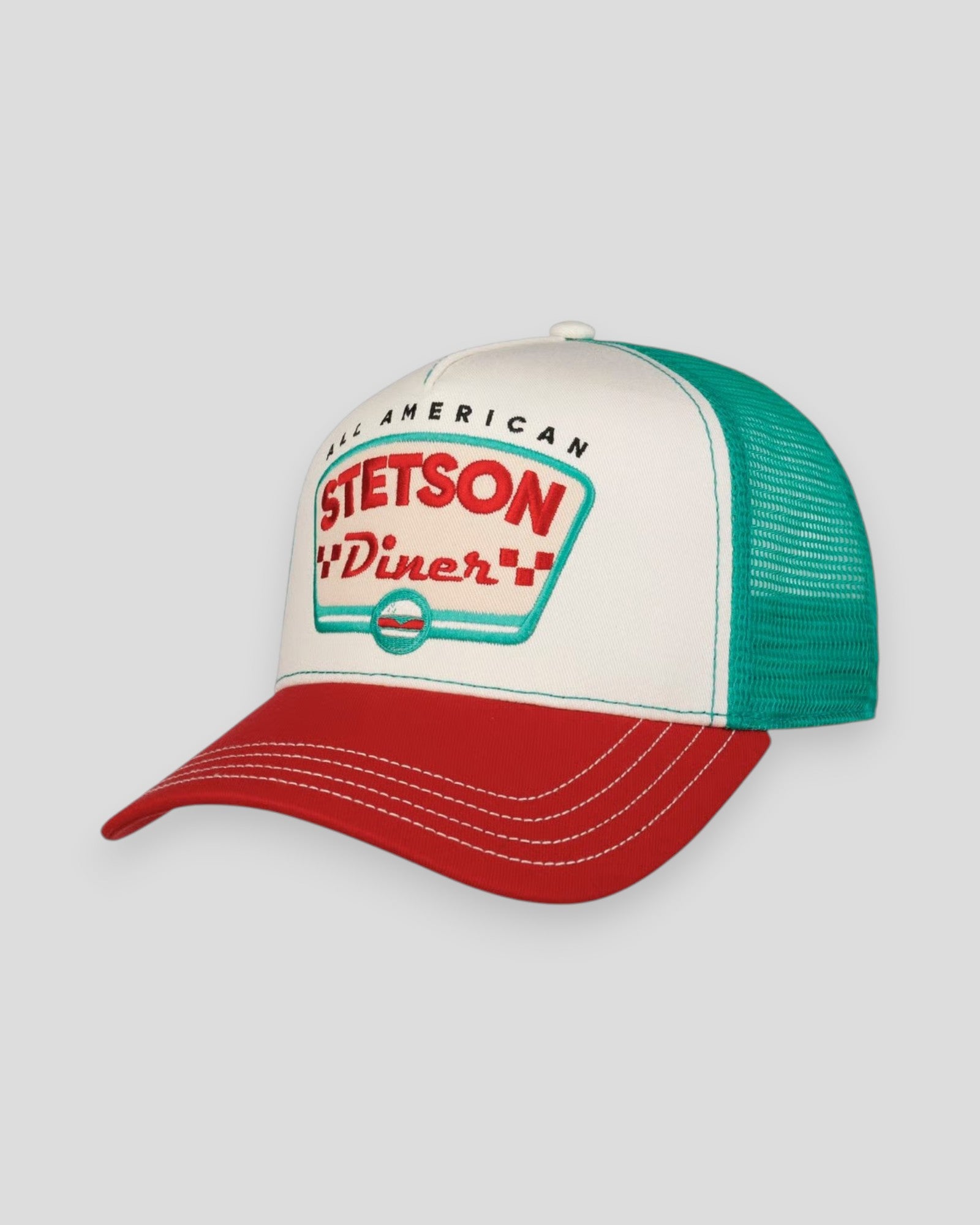 Stetson Diner white and red trucker cap with mesh back and vintage American diner design for casual style.