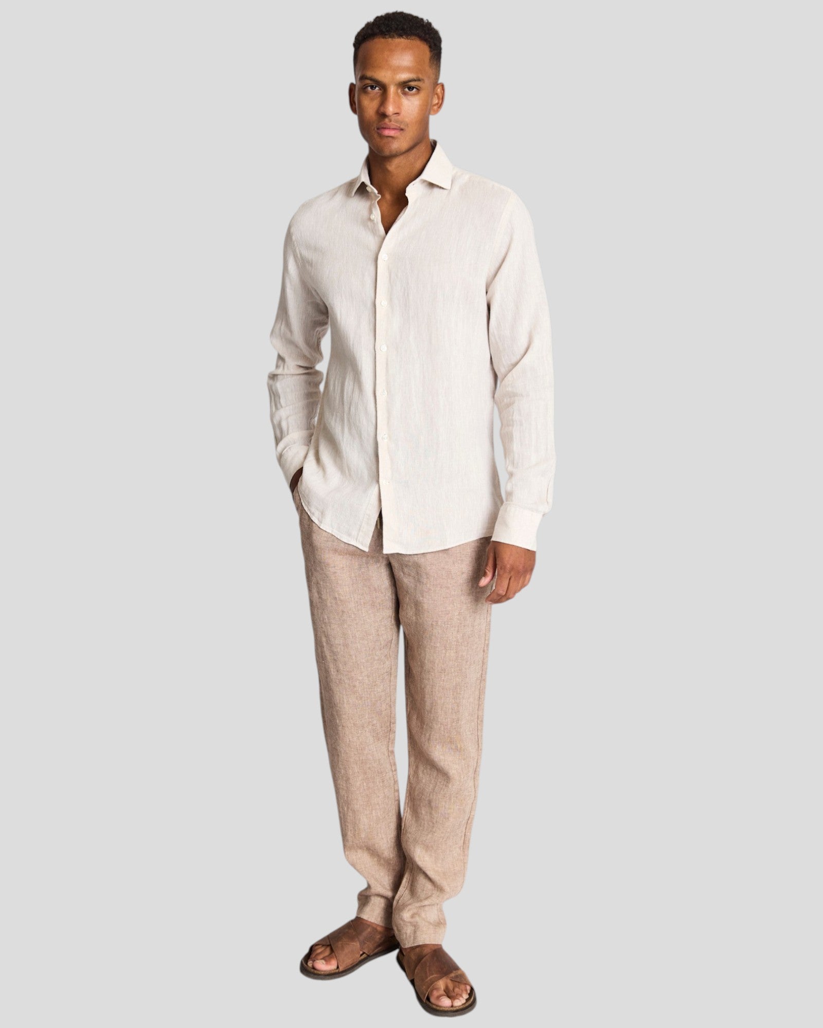 Bruun & Stengade Tahaka modern fit shirt in sand color, showcasing a stylish casual shirt with a classic collar and button-up design.