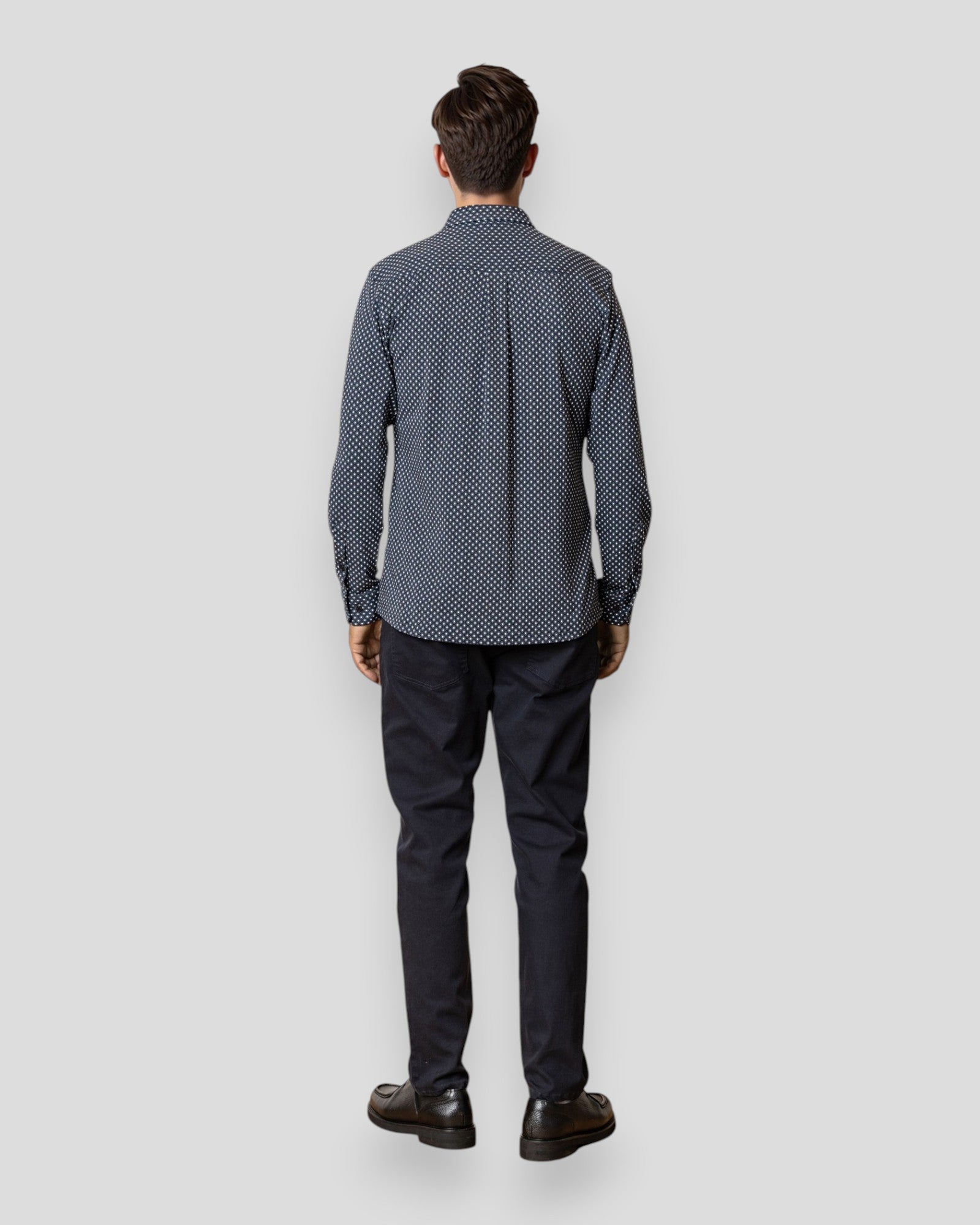 Navy and ecru long-sleeve formal stretch shirt by Clean Cut Copenhagen, featuring a modern AOP pattern and slim fit design.