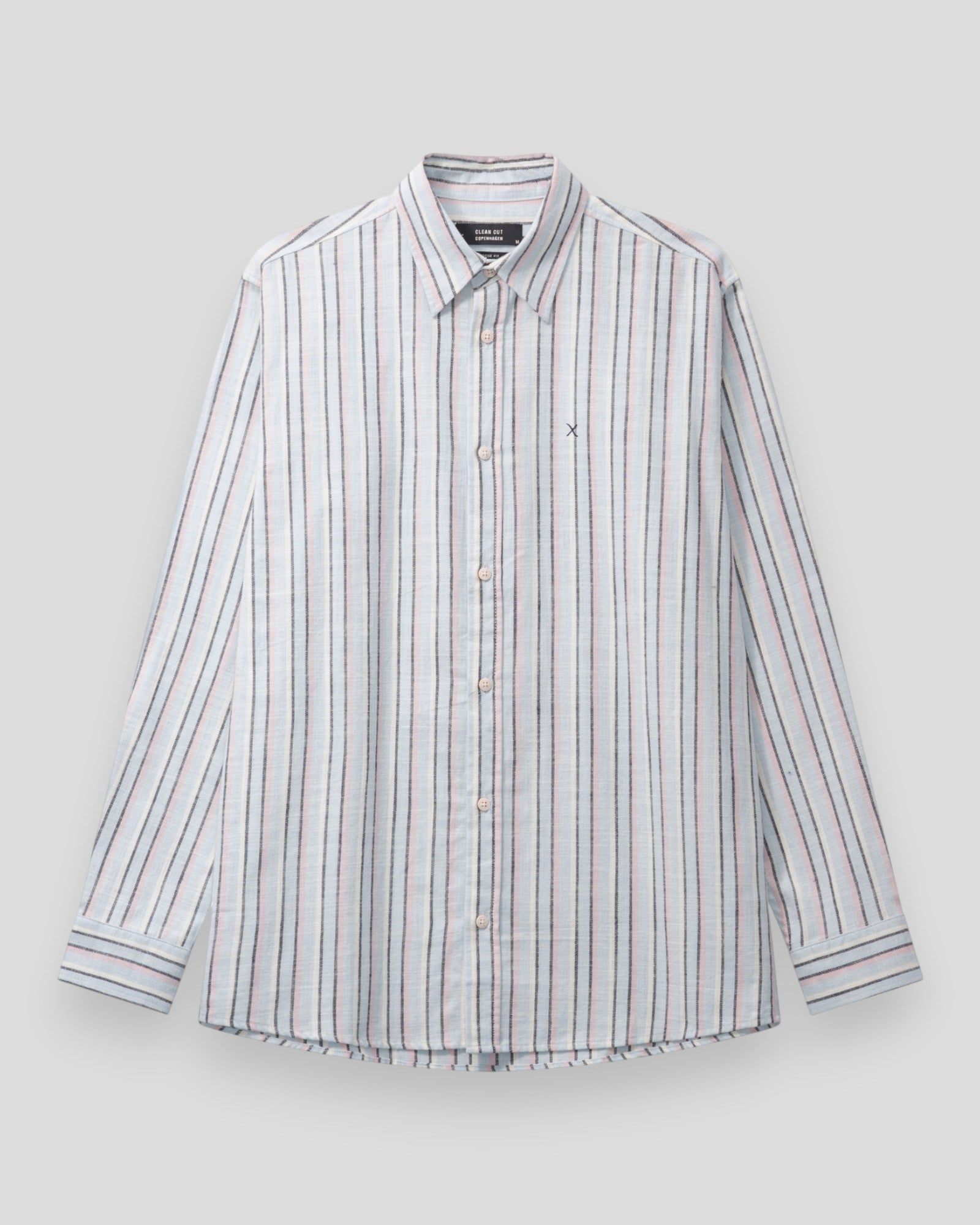 Light blue and violet striped Clean Cut Copenhagen Kelvin shirt displayed flat with visible collar and button details.