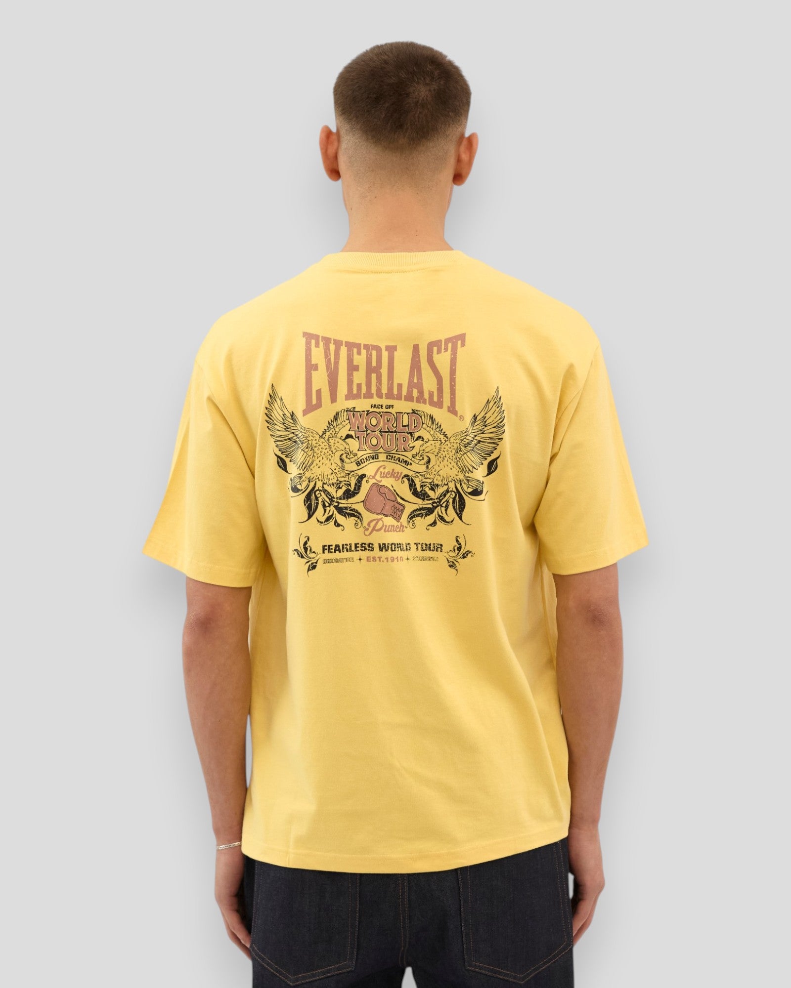 Yellow Everlast Lucky Punch Tee, casual short-sleeve T-shirt with logo print, displayed flat on a white background.