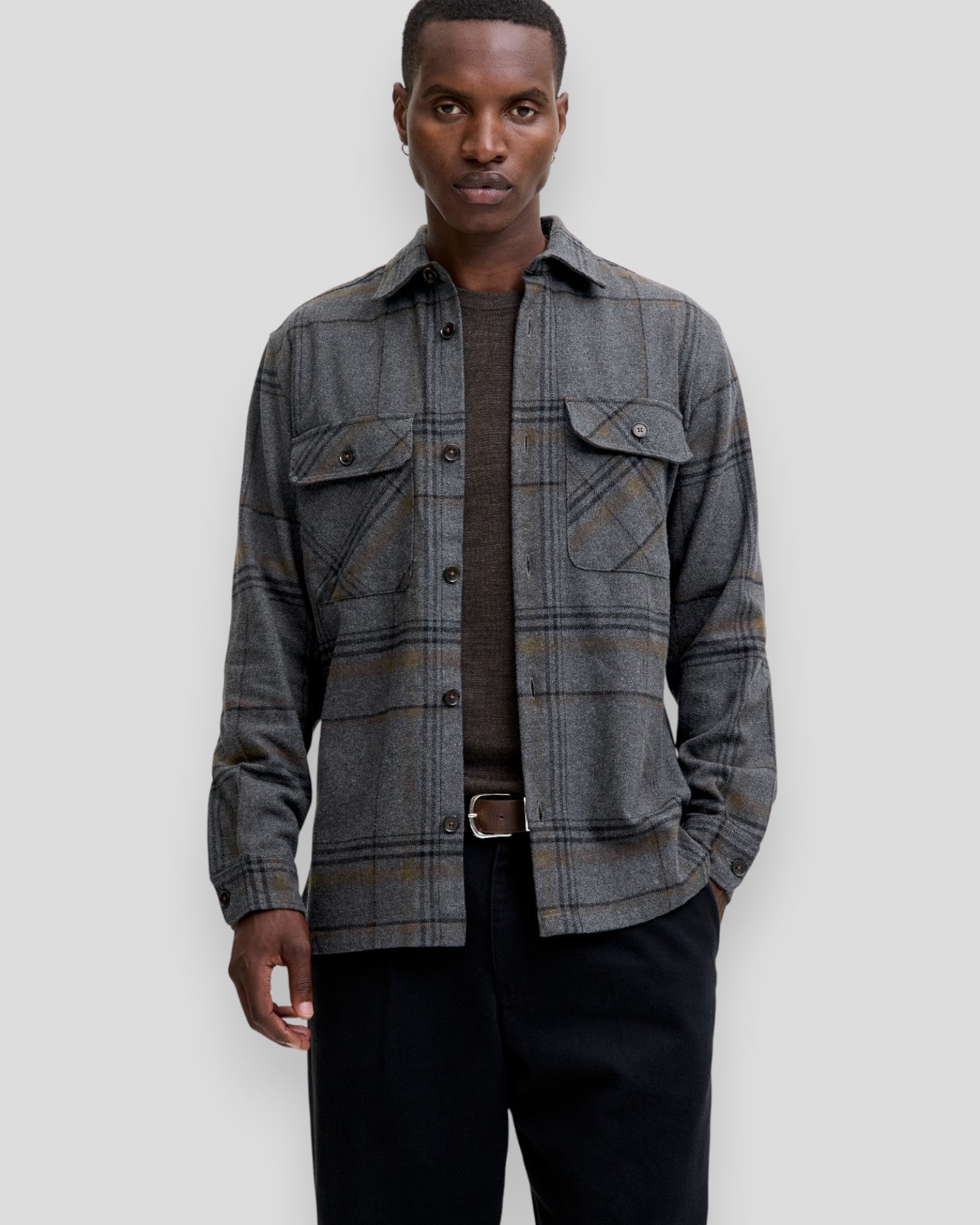 Rayle Melange Check LS Overshirt - Dark Grey