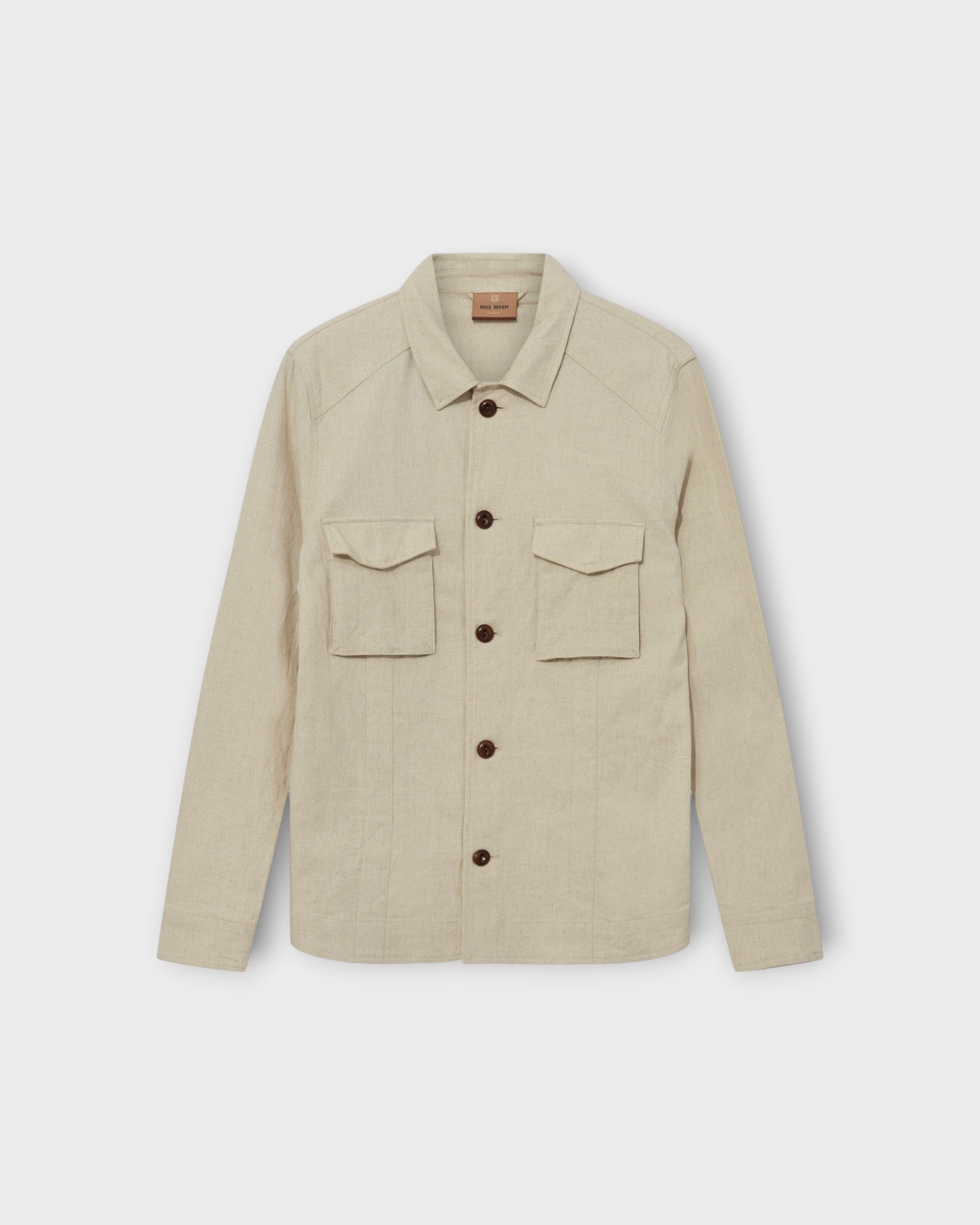 Milo Plage Overshirt Ecru Melange. Sandfarvet Mos Mosh Gallery Overshirt i hør. Her set forfra.