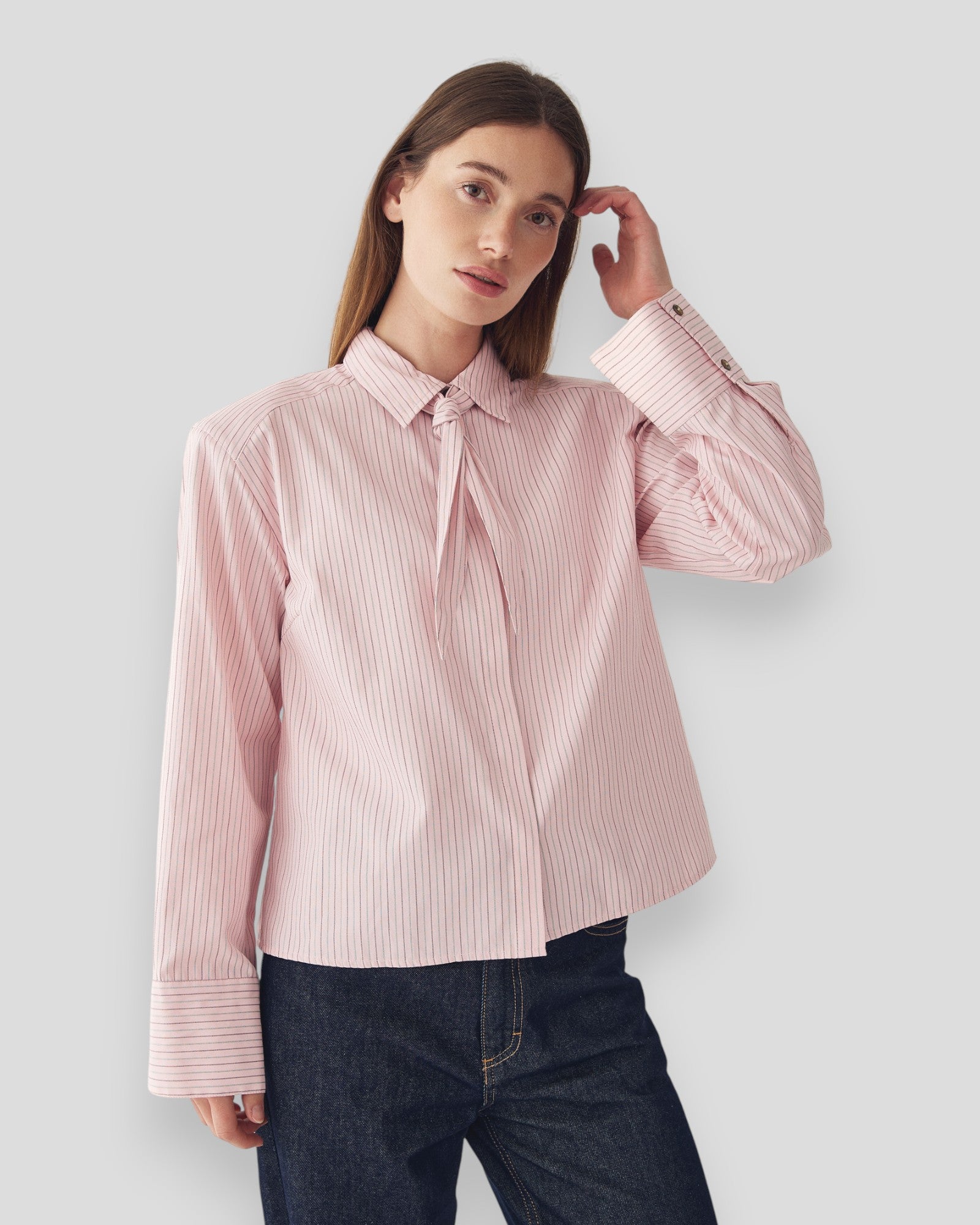 Noella N-Myra Donnie Blush Stripe women's shirt with long sleeves and a relaxed fit, featuring soft blush and white stripe pattern.