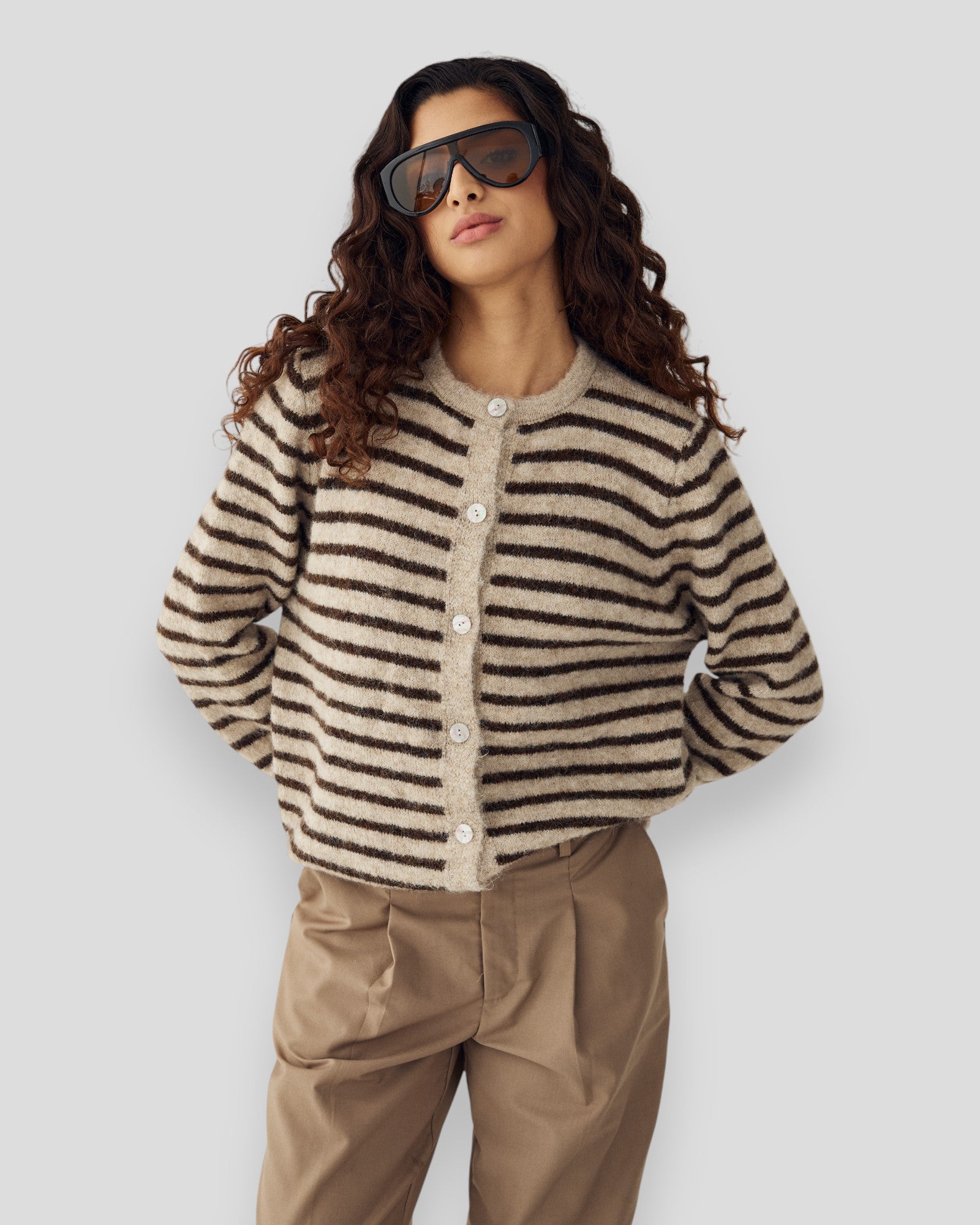 N-Mertice Knit Cardigan - Brown Sand Stripe