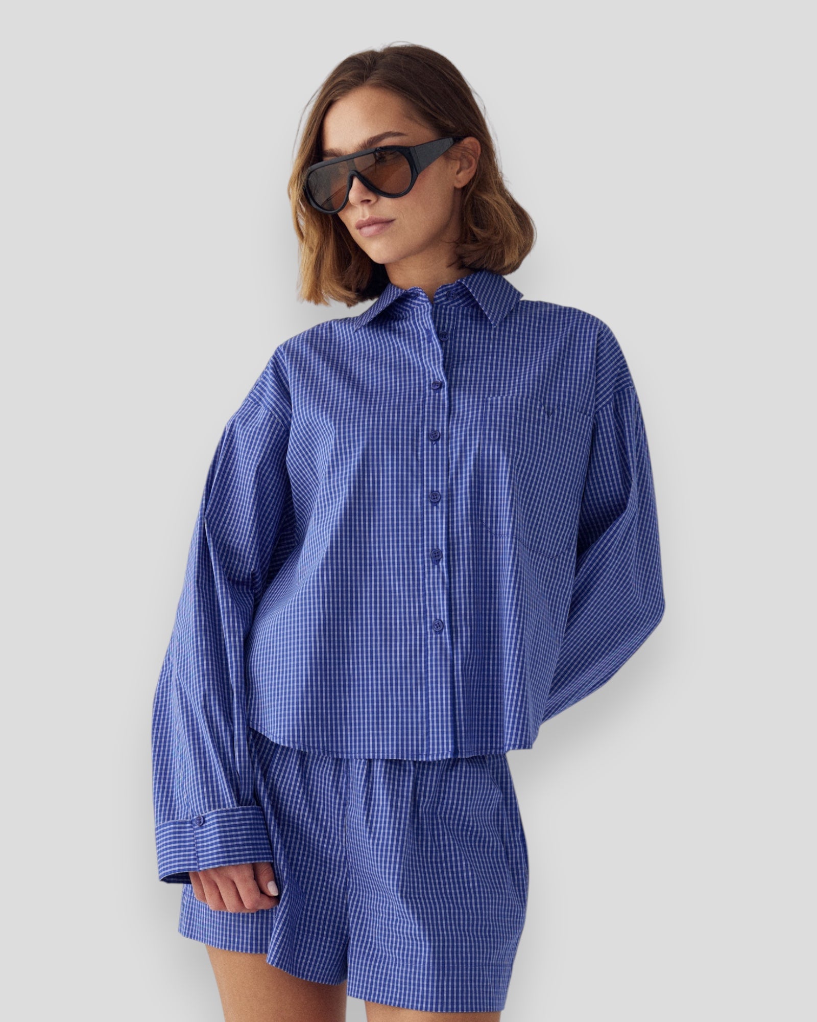 Dame N-Marlon C skjorte fra Noella i Davy Blue Check med ternet mønster og langærmet design.