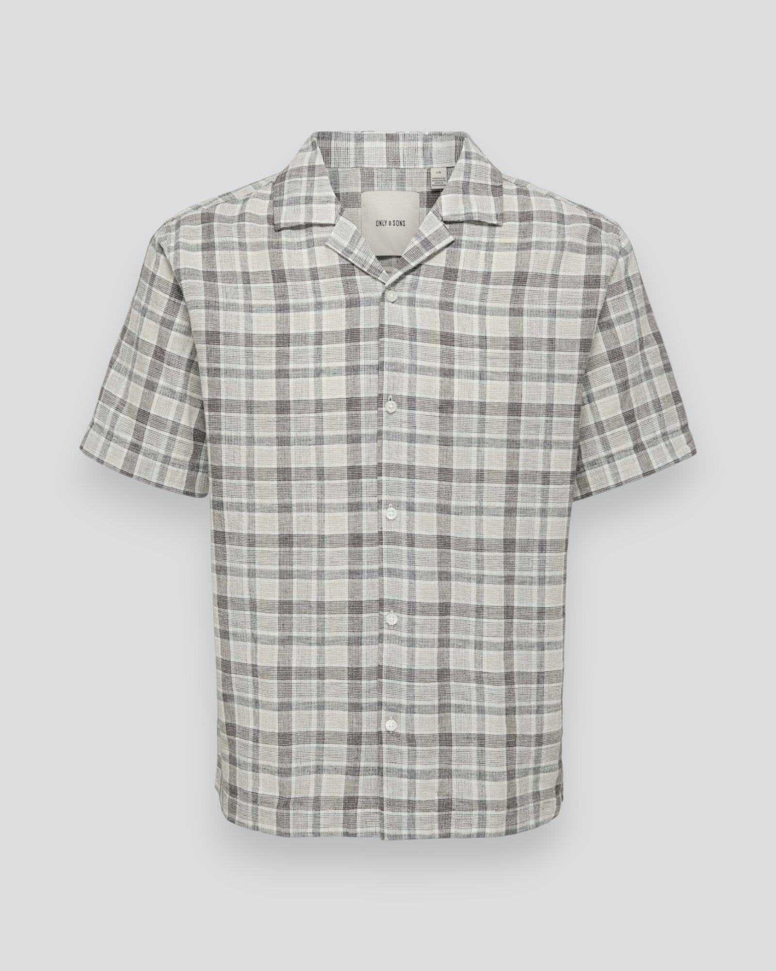 Caiden Life Check linen blend long sleeve shirt by ONLY & SONS featuring coffee bean check pattern with black and gardenia accents.