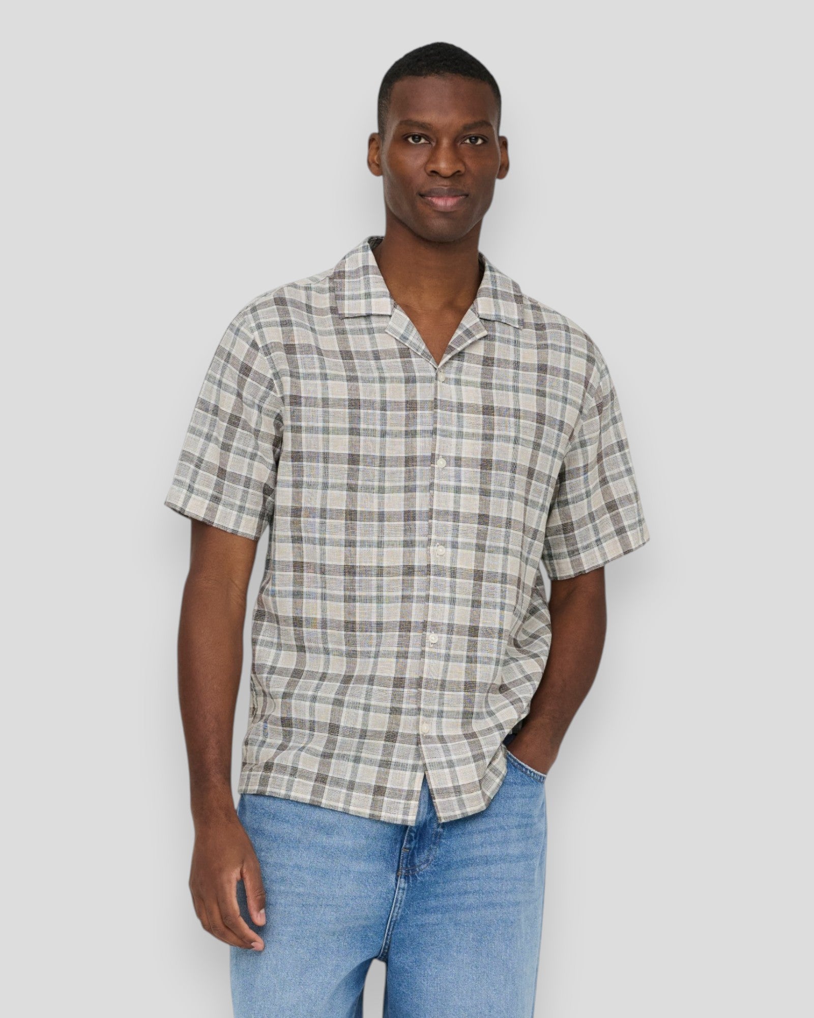 Caiden Life Check Linen Blend Long Sleeve Shirt by ONLY & SONS in coffee bean check pattern with black and gardenia accents.