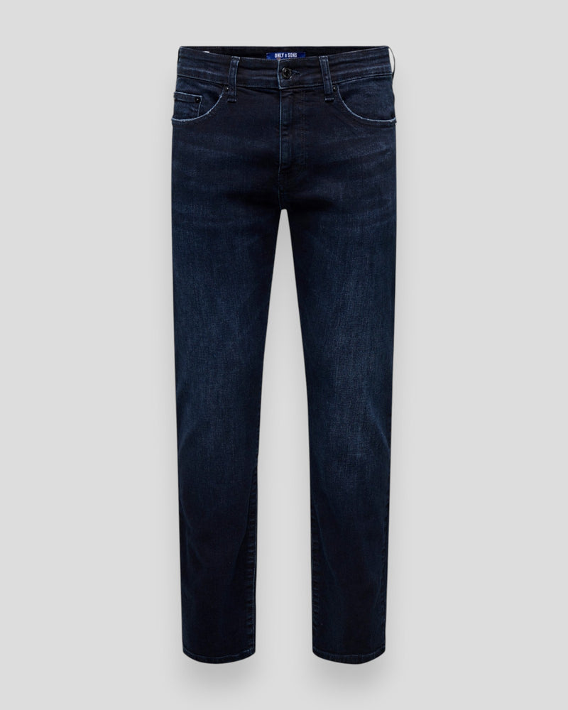 Damejeans fra ONLY & SONS i blå sort denim, Weft Regular 2652 med klassisk pasform og synlige syninger.