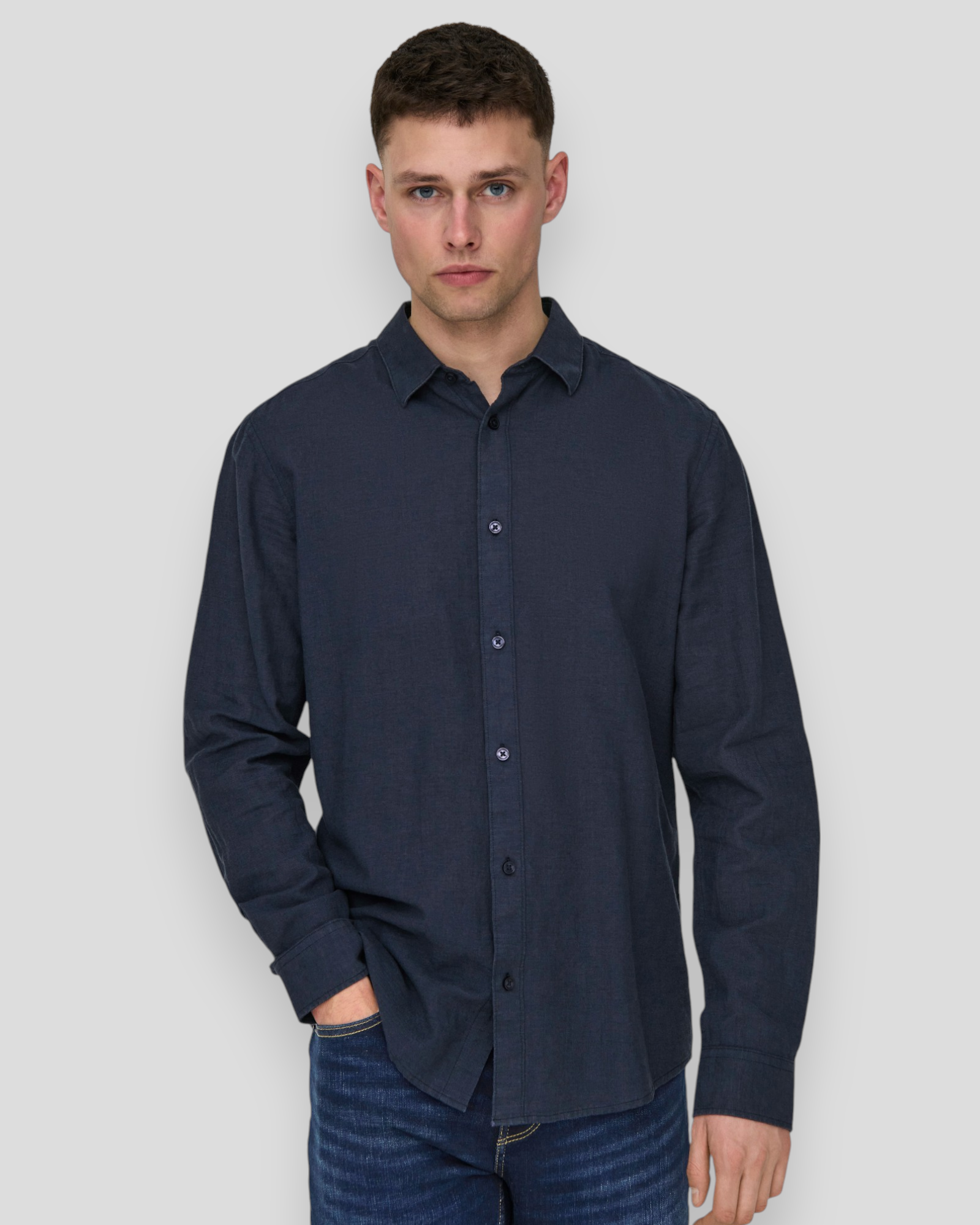 Caiden LS Solid Linen Shirt - Night Sky