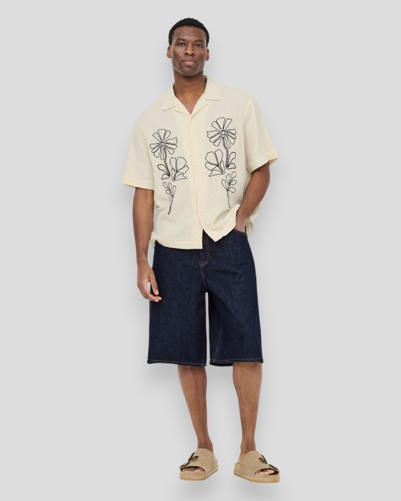 Dark blue denim jorts featuring a casual fit, from ONLY & SONS Carl Rinse 6916 collection, styled with rolled cuffs.