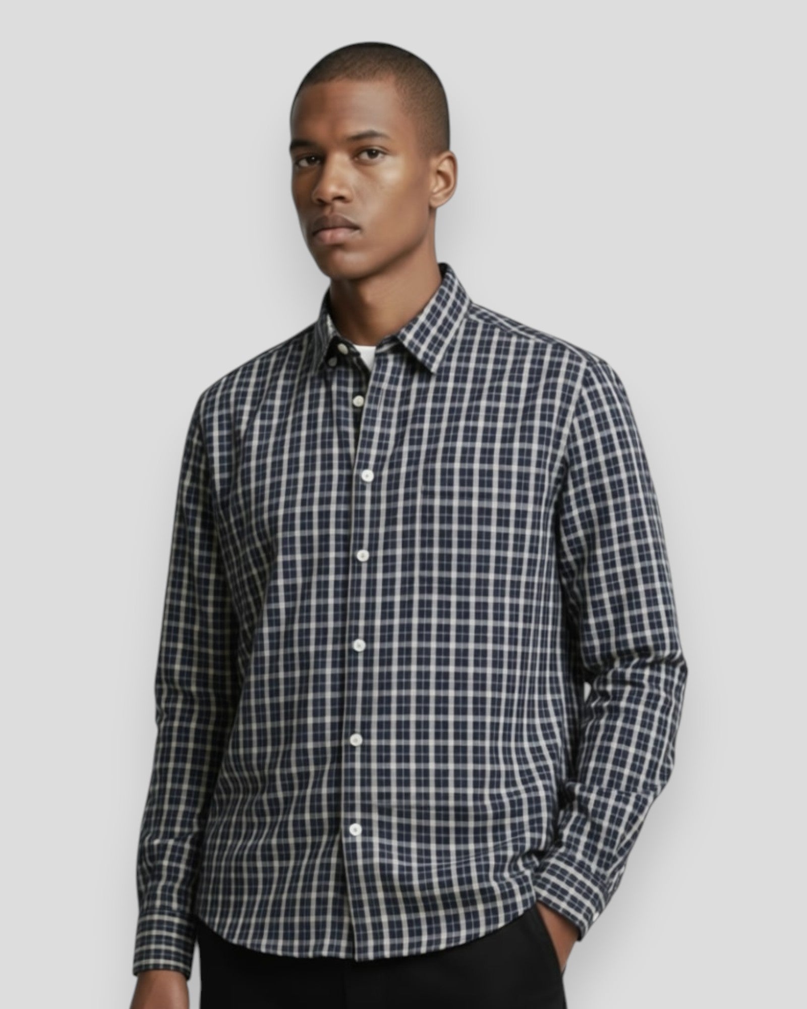 Vann Core Checked Poplin Shirt - Navy/Sand Check