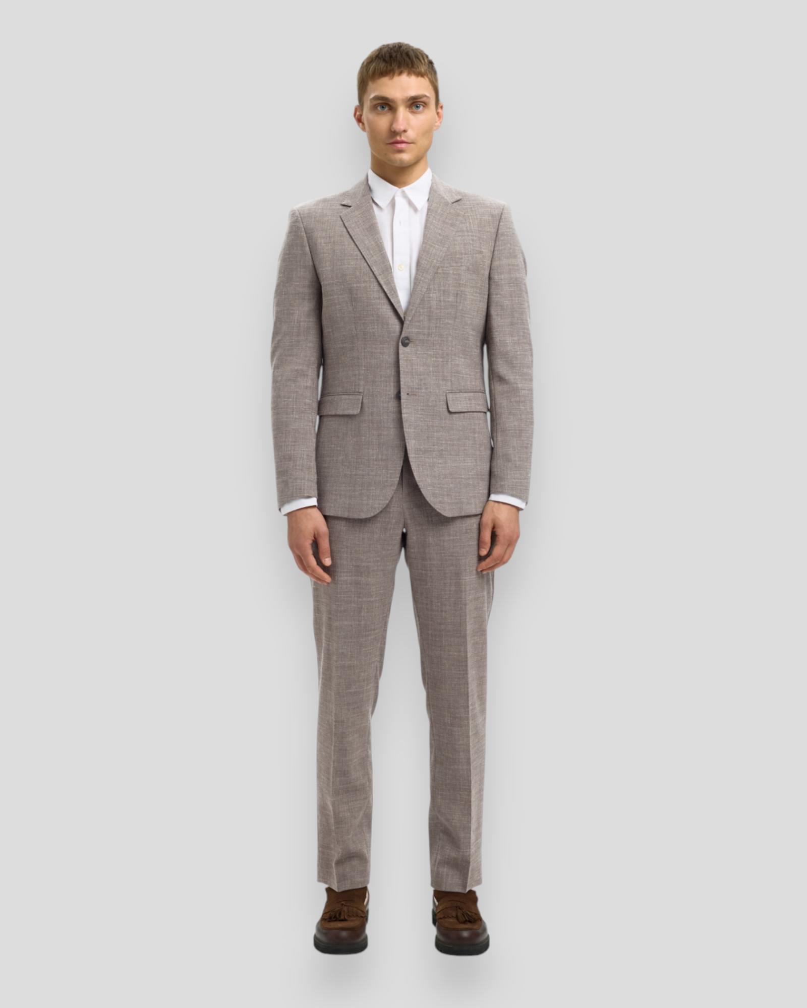 Slim Oasis Linen Trousers - Dark Sand Melange