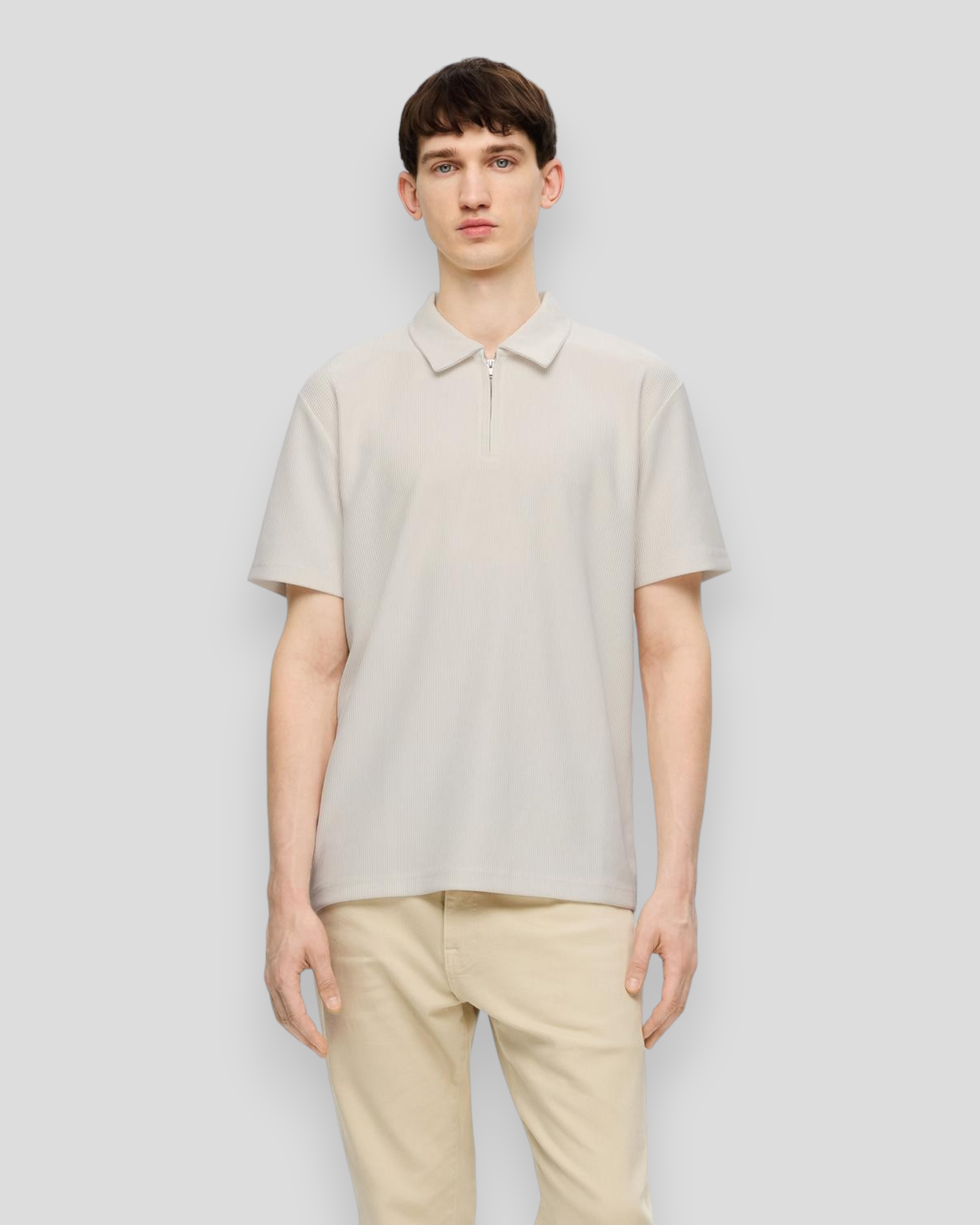 Relax Plisse Half Zip SS Polo - Egret
