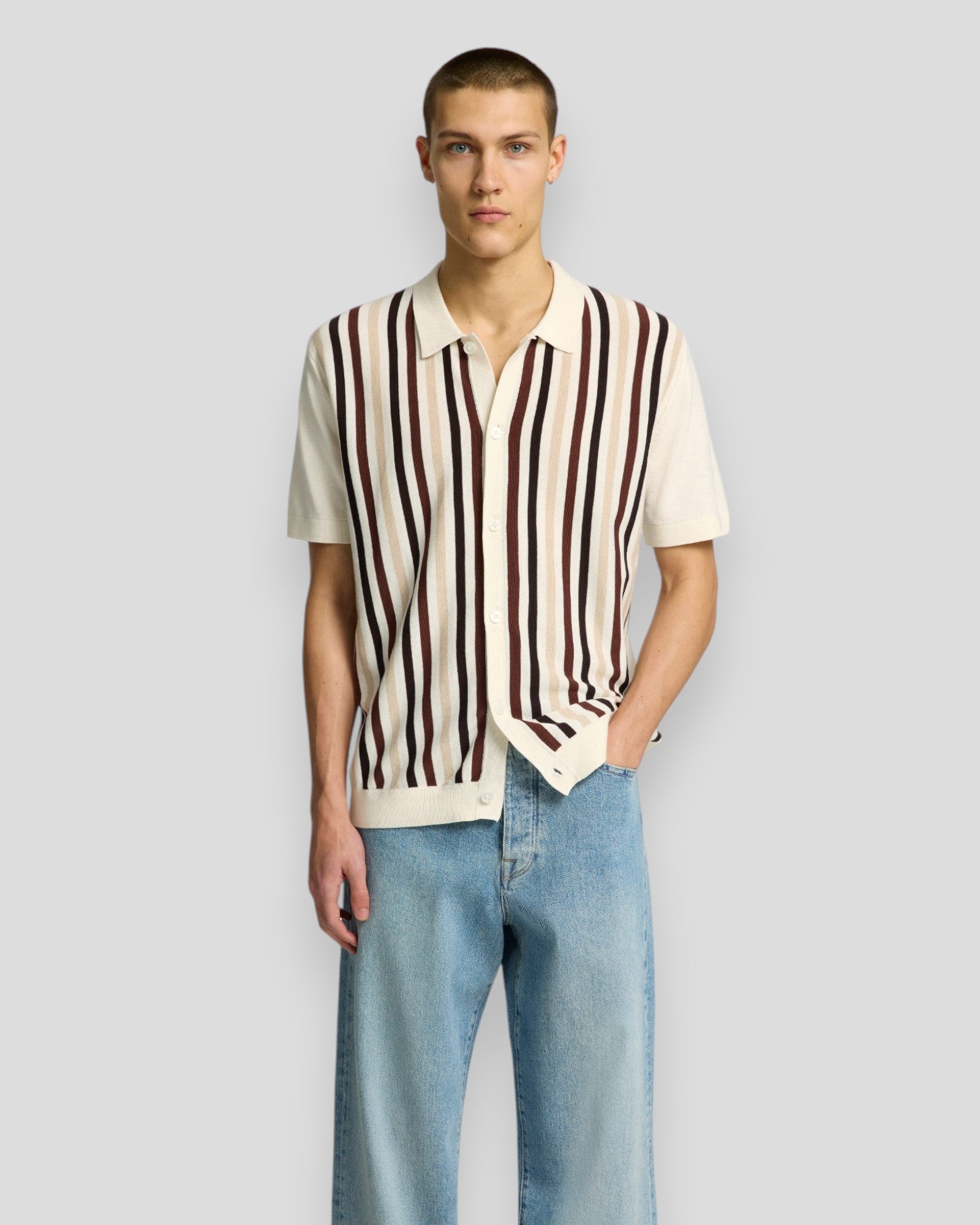 Mattis SS Knit Stripe Polo Cardigan- Egret/Chocolate