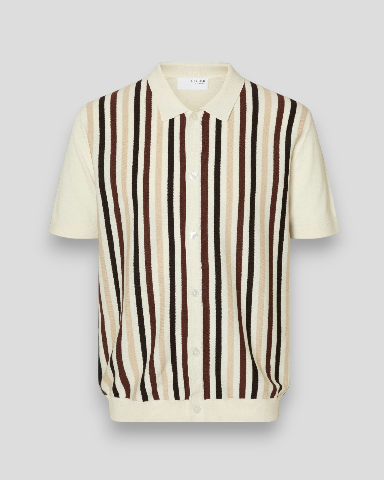 Mattis SS Knit Stripe Polo Cardigan- Egret/Chocolate