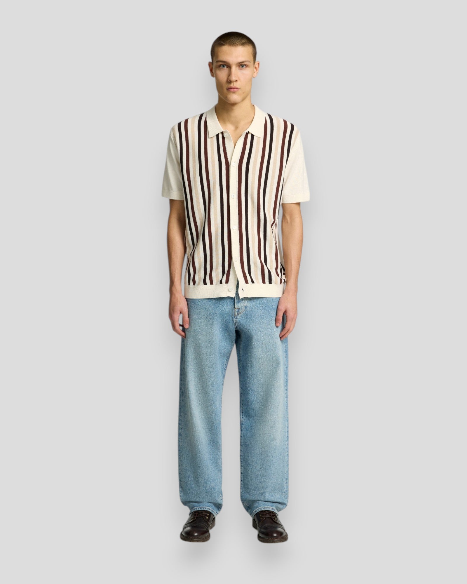Mattis SS Knit Stripe Polo Cardigan- Egret/Chocolate