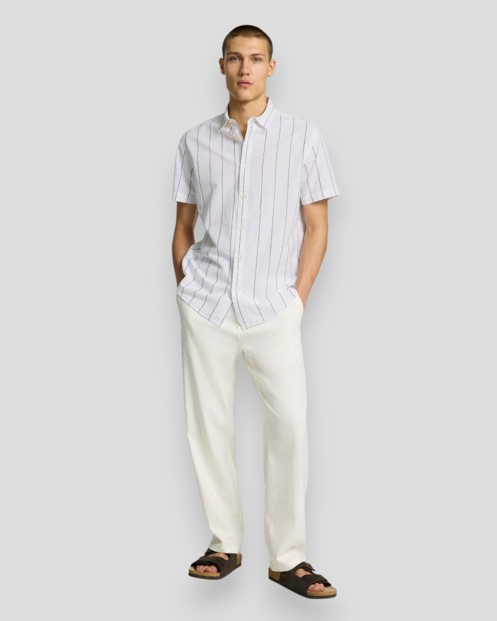 Regsun Linen Shirt SS Classic - White/Wide Stripe