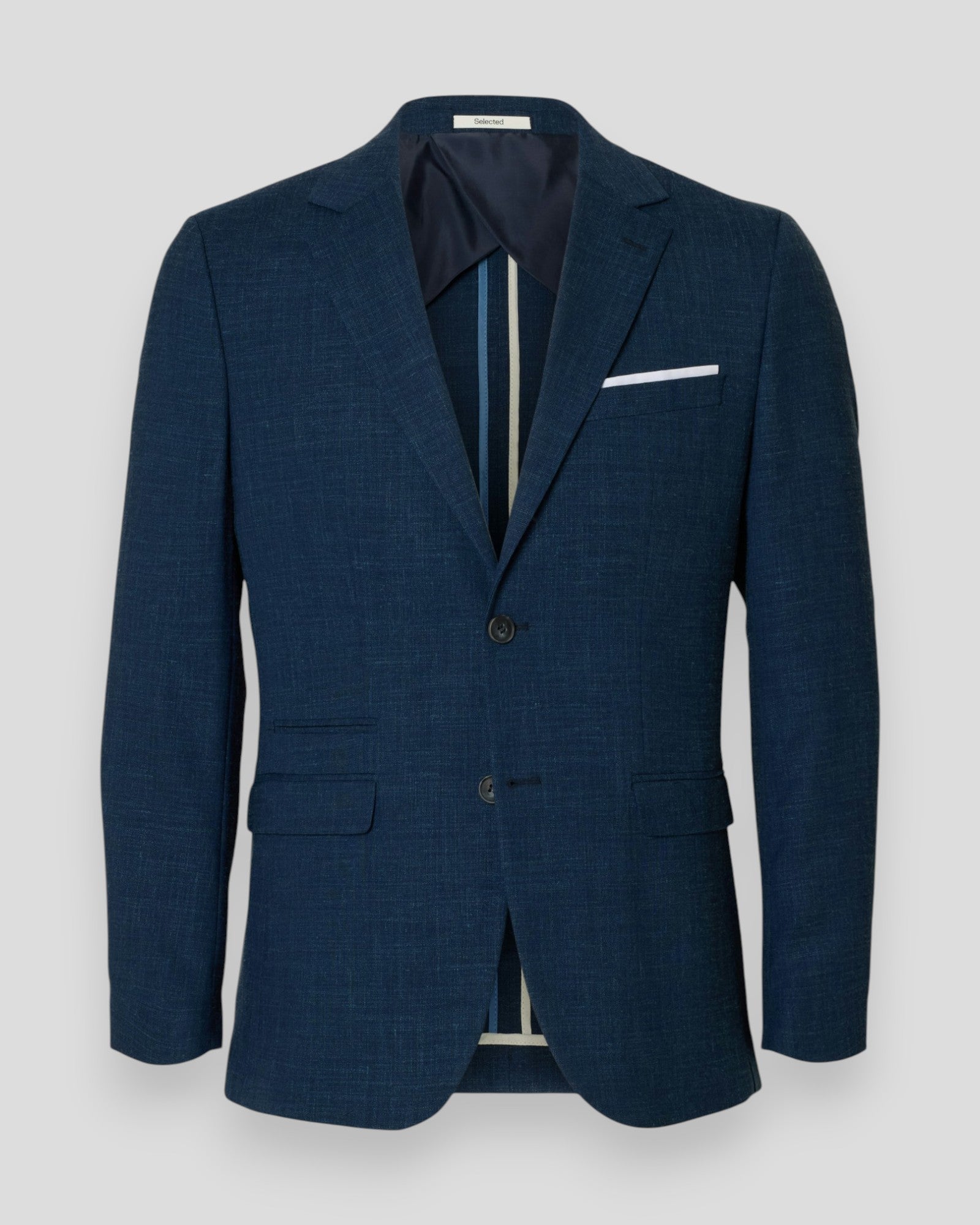 Mænds Slim Oasis Linned Blazer fra Selected i mørk navy, vises med klassisk snit og let stofmateriale.