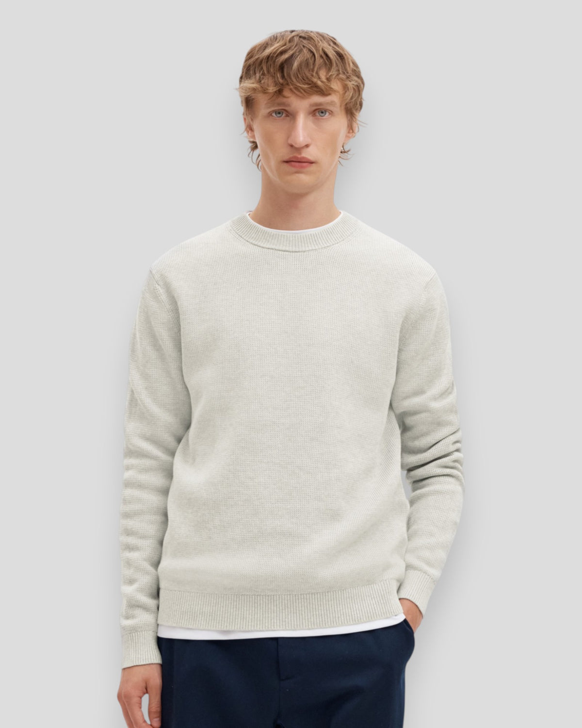 Dane Knit Sructure Crew Neck - Light Grey Melange