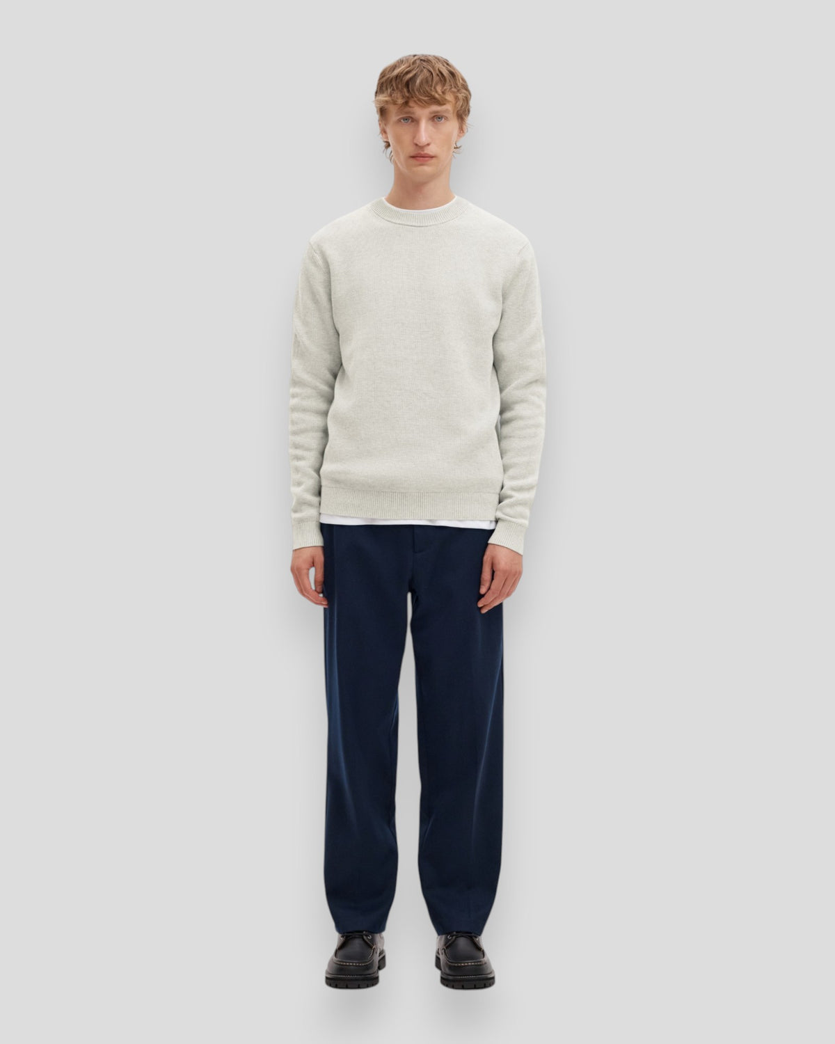 Dane Knit Sructure Crew Neck - Light Grey Melange