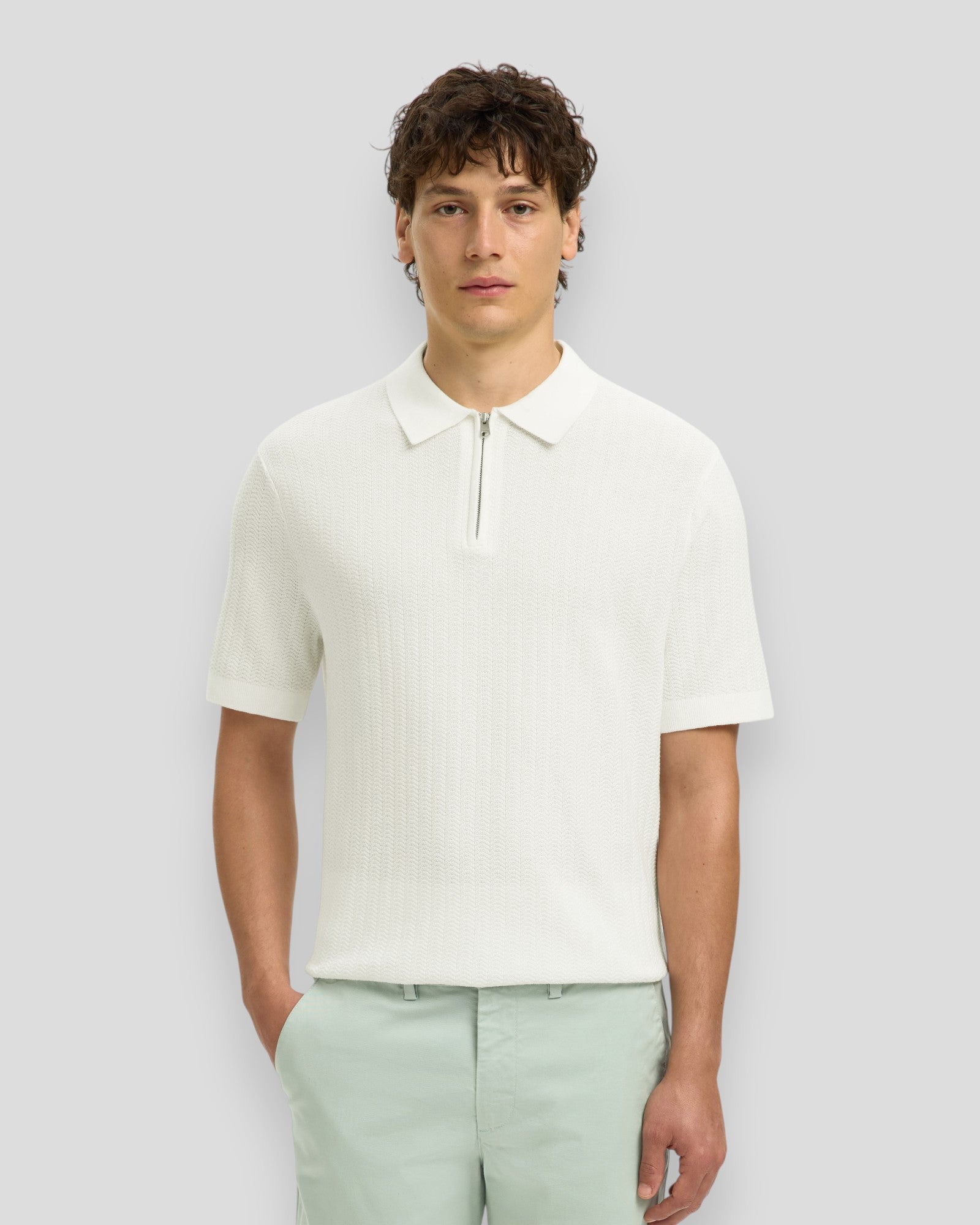 Can SS Knit Structure Zip Polo - Egret