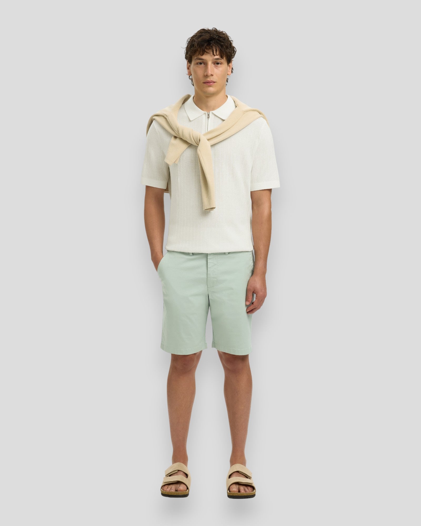 Can SS Knit Structure Zip Polo - Egret