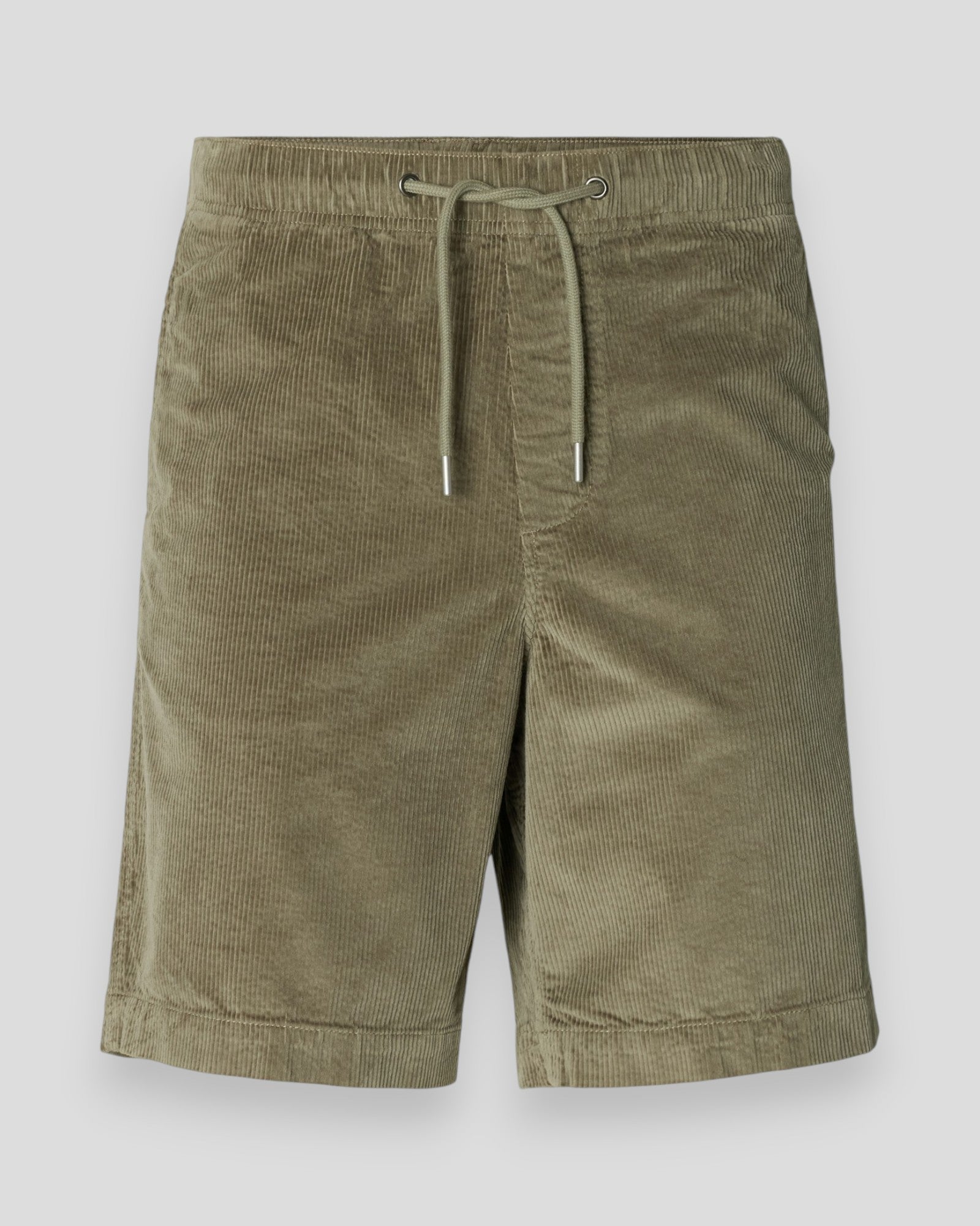 Regular Jace Corduroy Shorts by Selected in Vetiver color, showing the textured fabric and casual fit on a model.