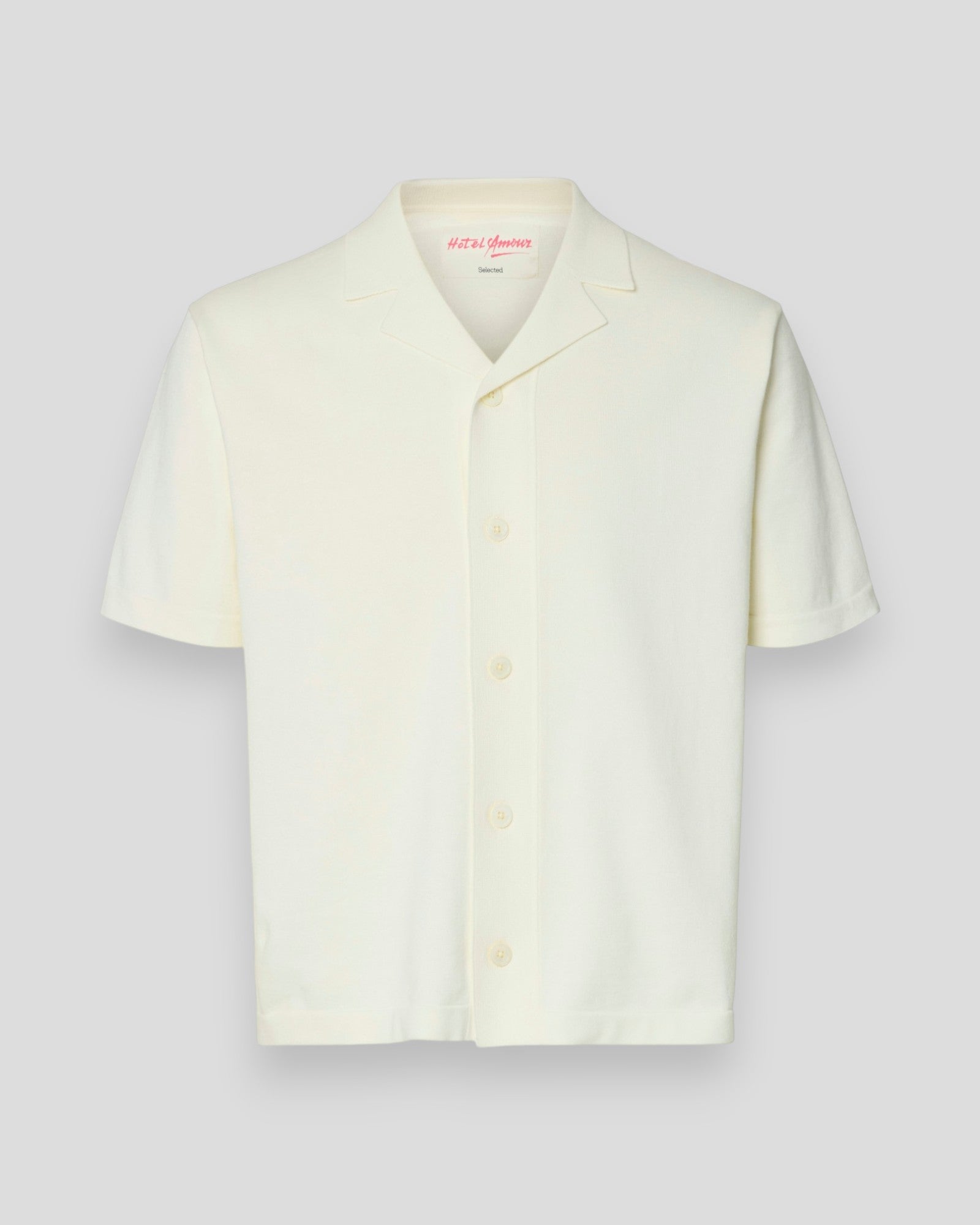 Selected Amour Intarsia Relaxed Polo Cardigan i egret med kunstnerisk mønster, afslappet pasform, perfekt til forår og sommer.
