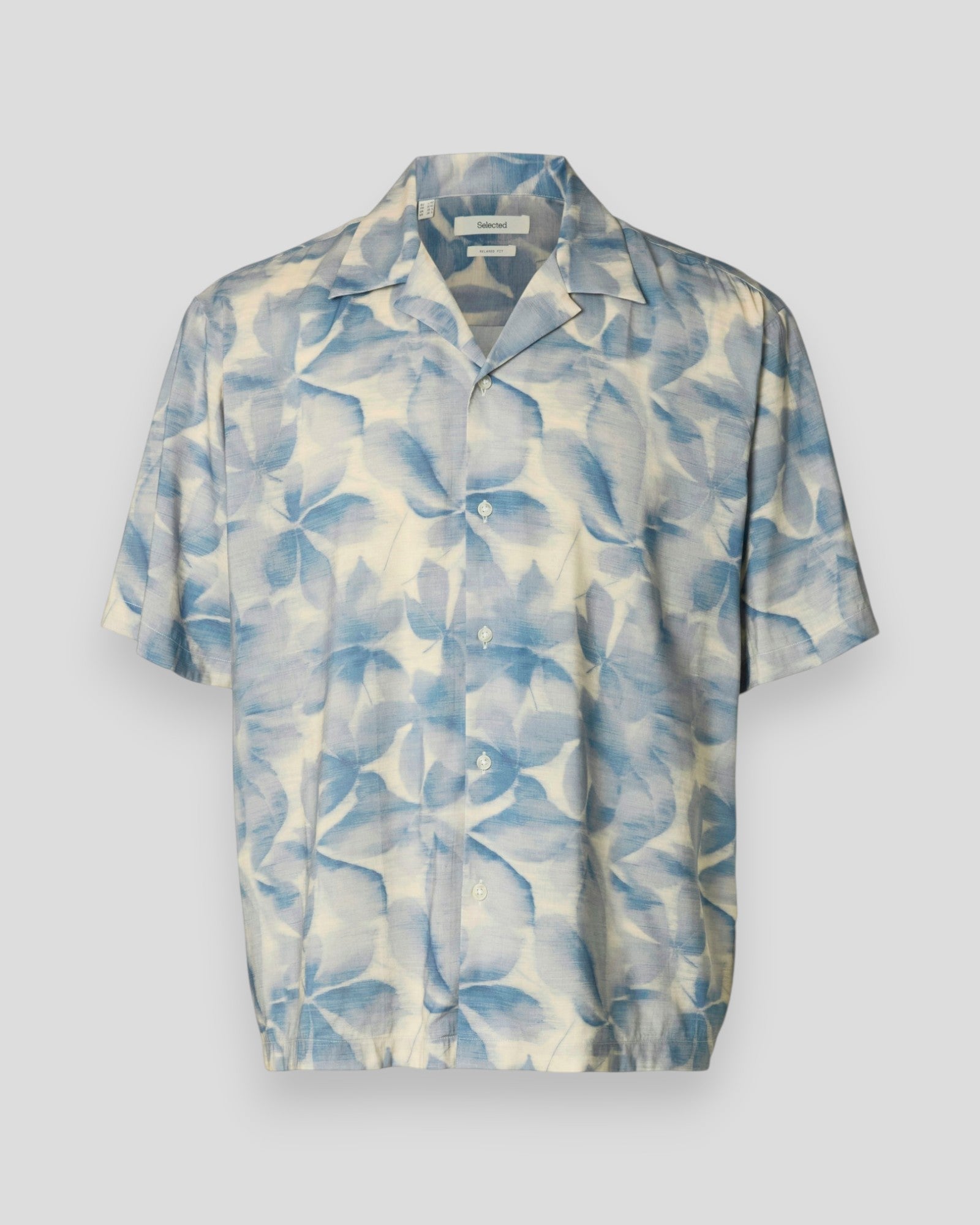 Selected Casper-Air Relaxed Fit SS Shirt in Blue Mirage Leaves pattern, featuring a lightweight cotton fabric and casual collar design.