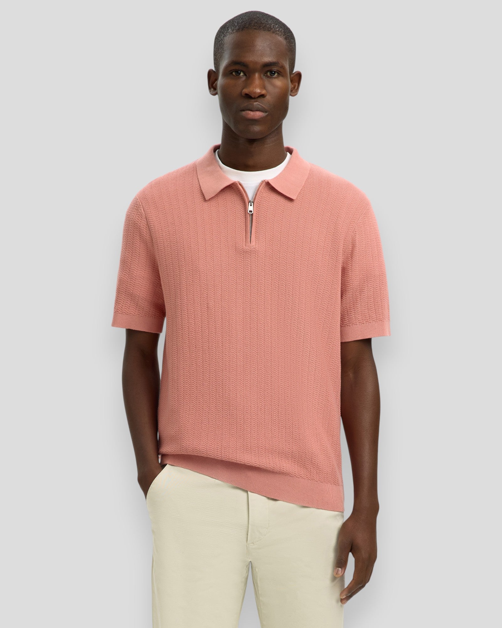 Can SS Knit Structure Zip Polo - Rose Dawn