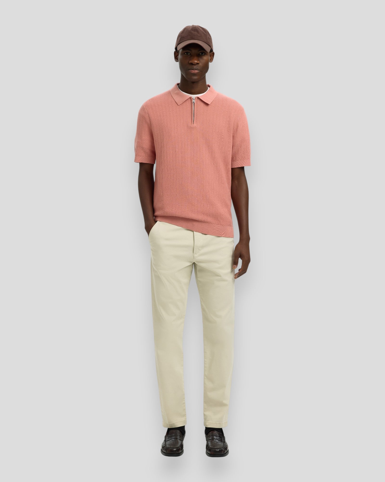 Can SS Knit Structure Zip Polo - Rose Dawn