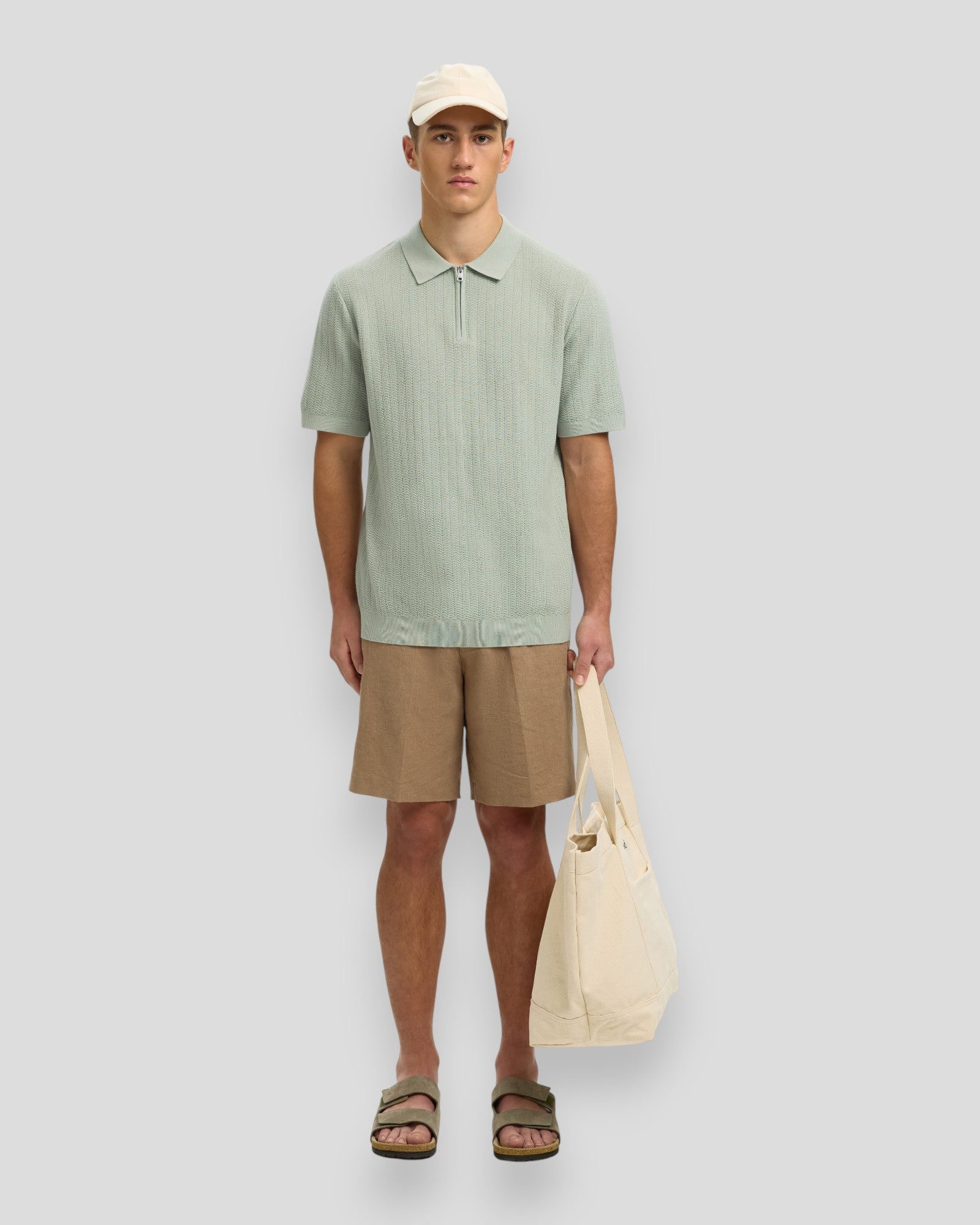 Can SS Knit Structure Zip Polo - Aqua Gray