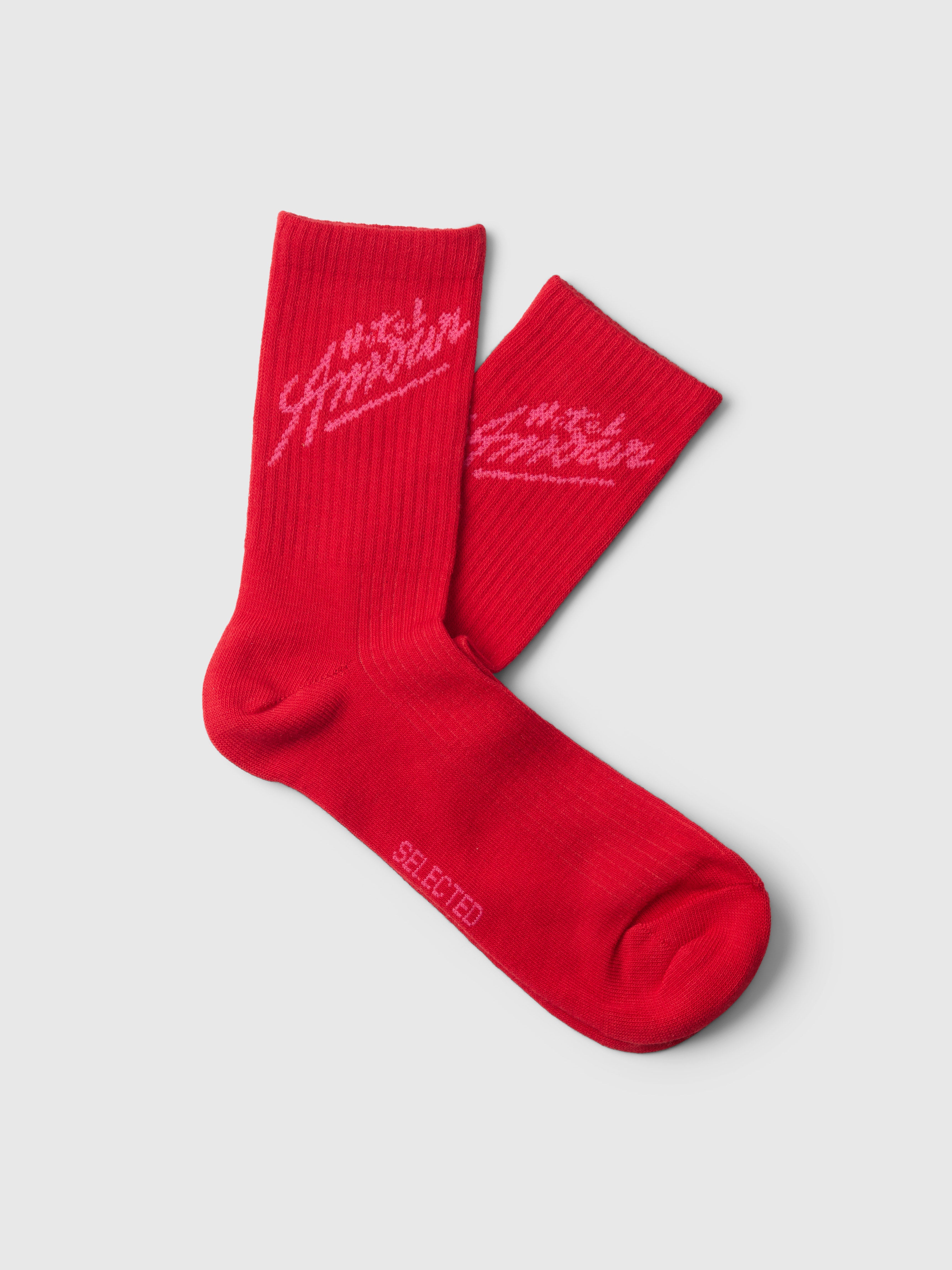 Selected Morten Amour Poinsettia socks featuring vibrant red poinsettia flower patterns on soft fabric.