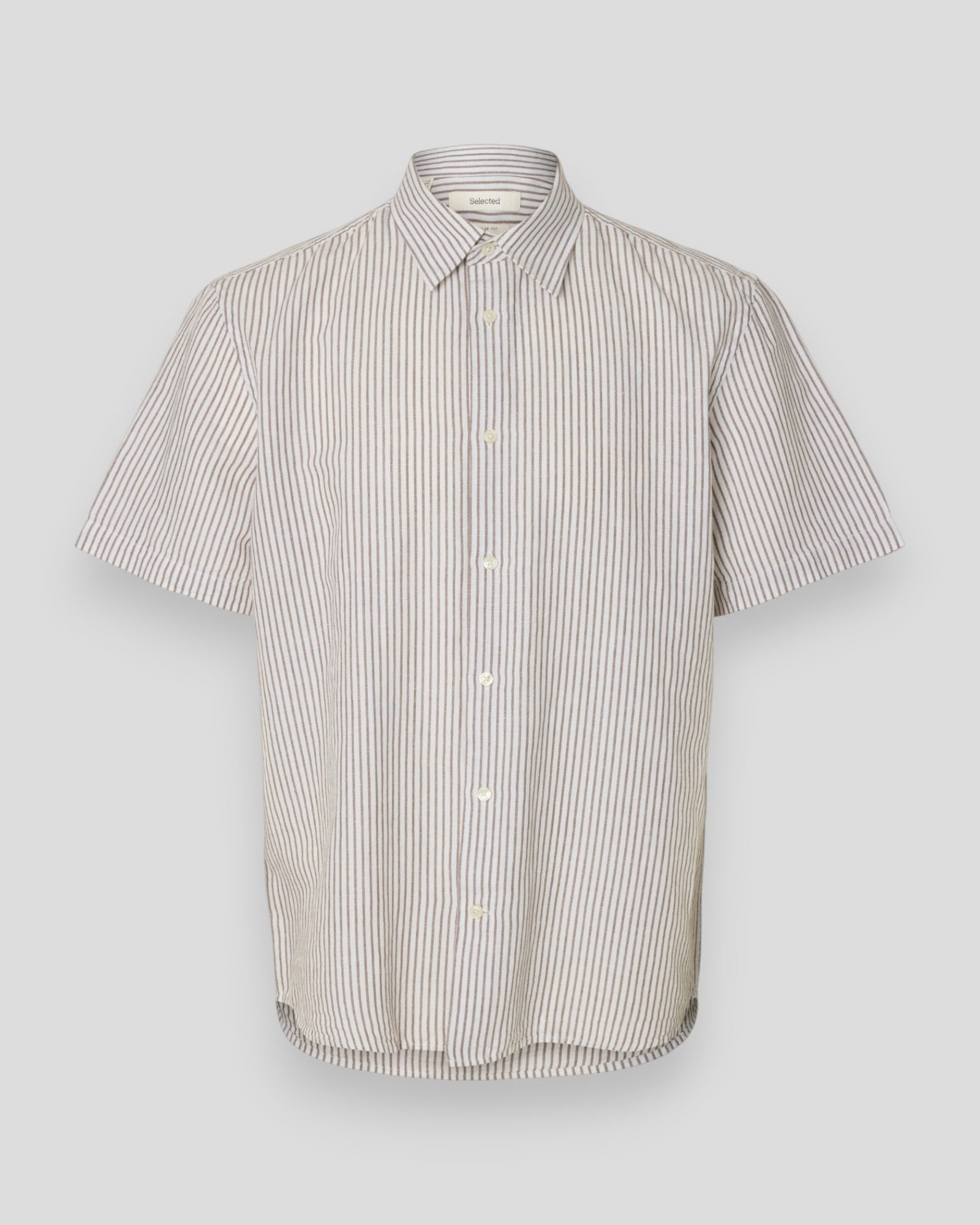 Selected men's Claus Clay linen blend short-sleeve shirt with bright white and chocolate chip stripes, casual and stylish.