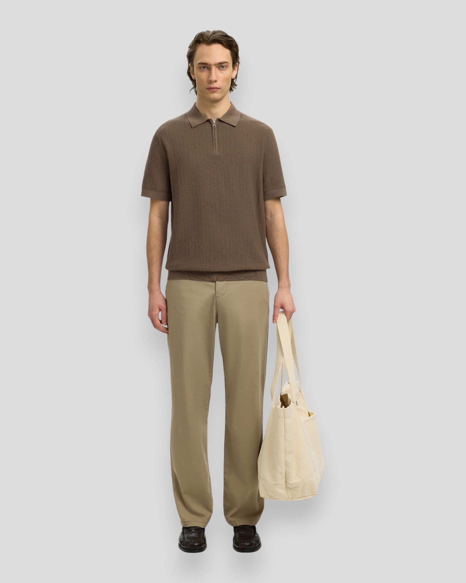 Can SS Knit Structure Zip Polo - Chocolate Chip