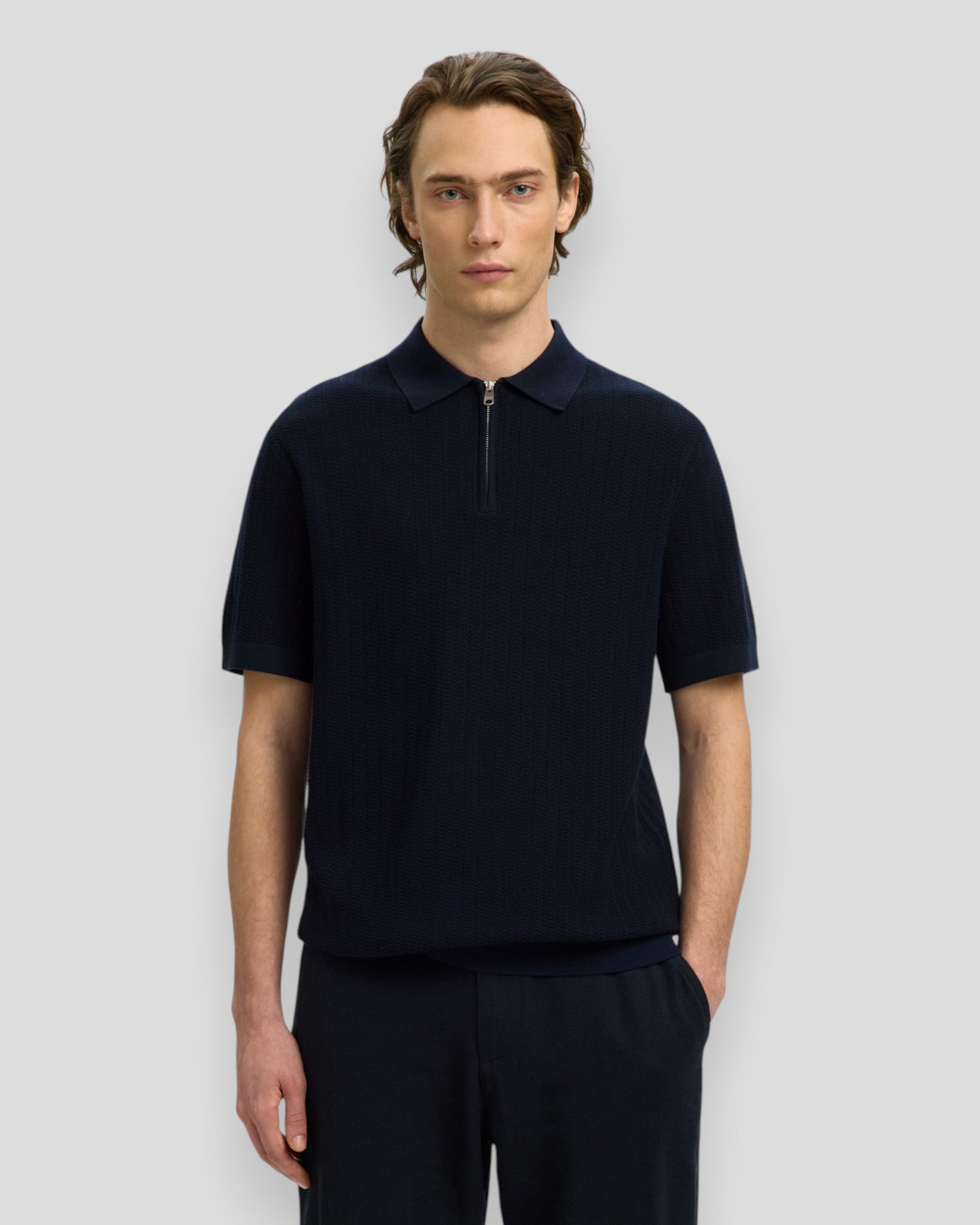 Can SS Knit Structure Zip Polo - Navy Blazer