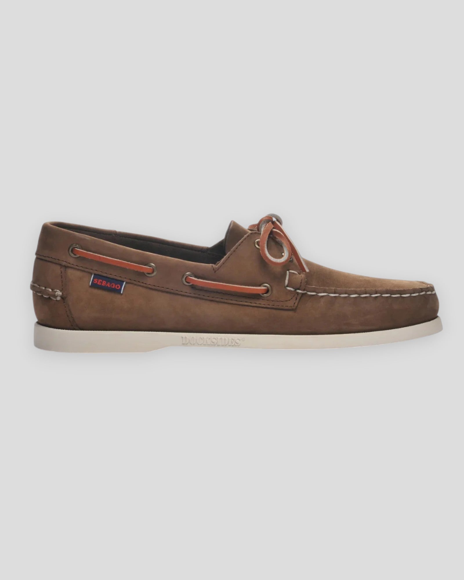 Sebago Docksides Portland Nubuck 901 in dark brown boat shoes, showing brown nubuck leather and classic moccasin stitching.