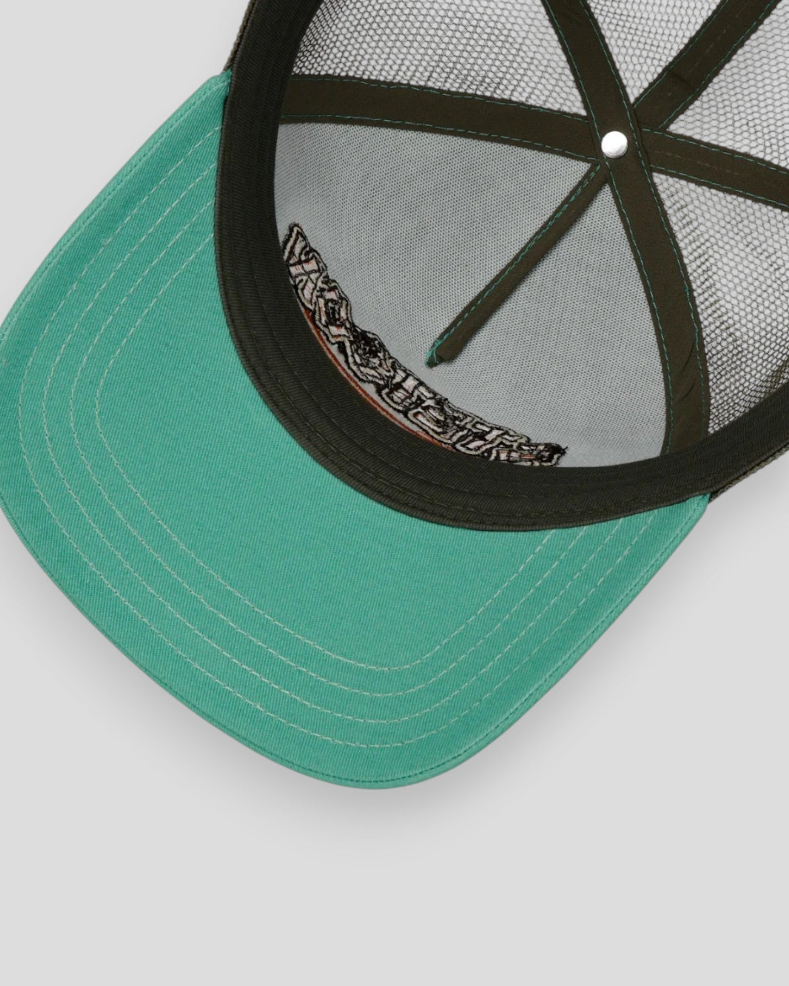 Mint green Stetson Trucker Cap with surf camp design, featuring mesh back and adjustable strap for casual, sunny days.