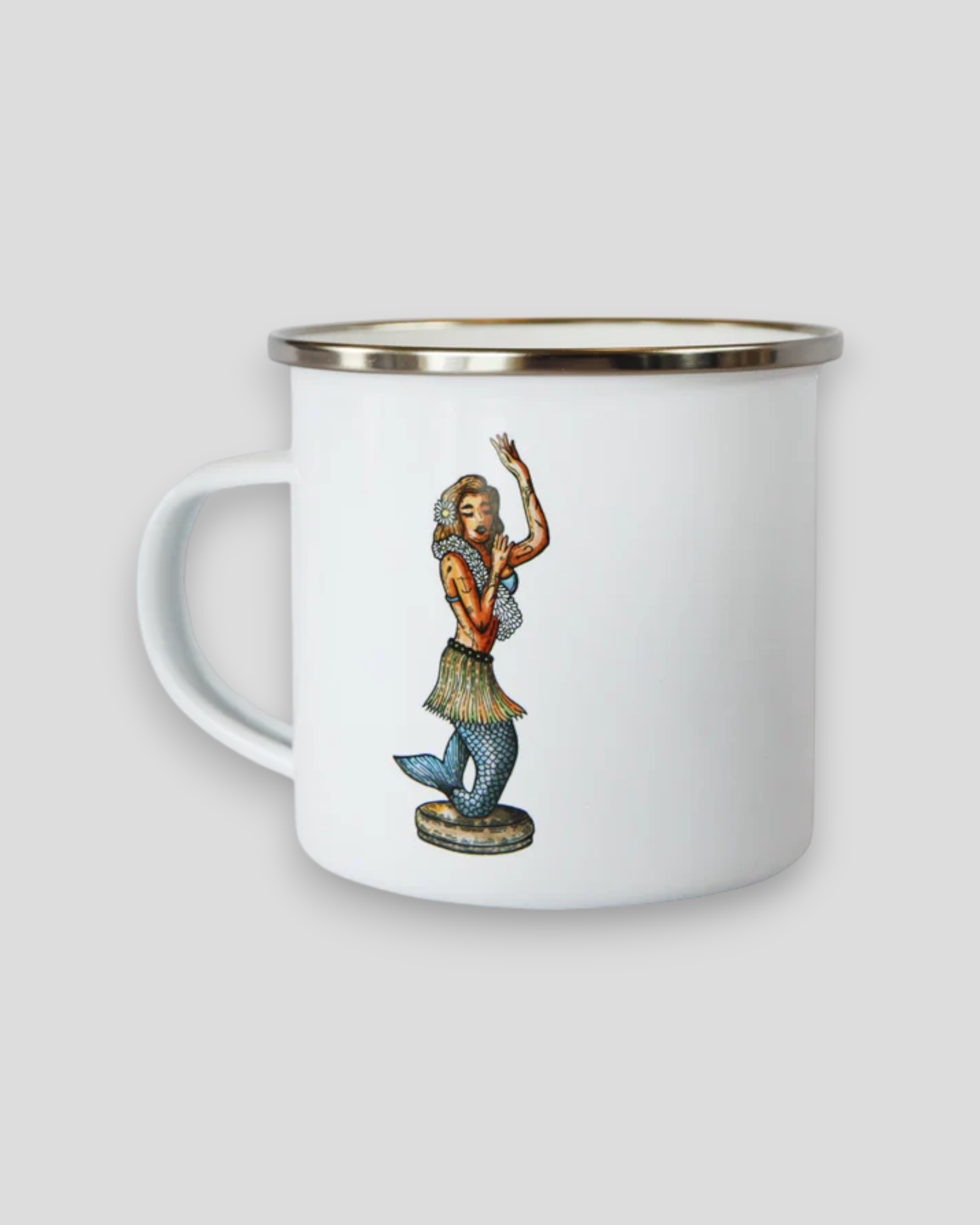 Dashboard Hula emaljekrus – retro-inspireret kaffekrus i holdbart emalje med unikt Hula-design, perfekt til camping og hverdagsbrug