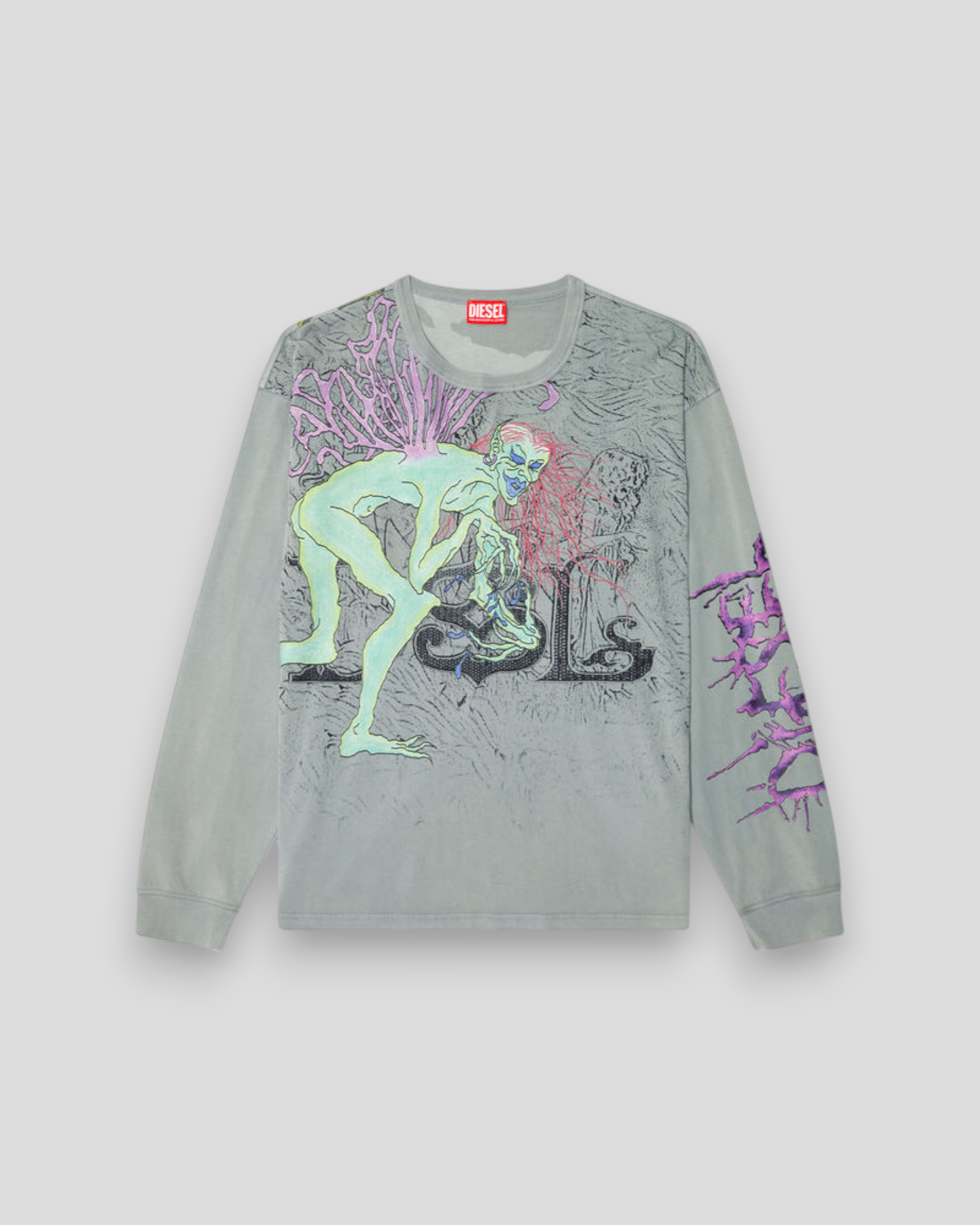 DIESEL T-BOX LS R12 langærmet t-shirt i grå med unikke "Tattoo Graphics" print, stilfuldt design og komfortabel pasform