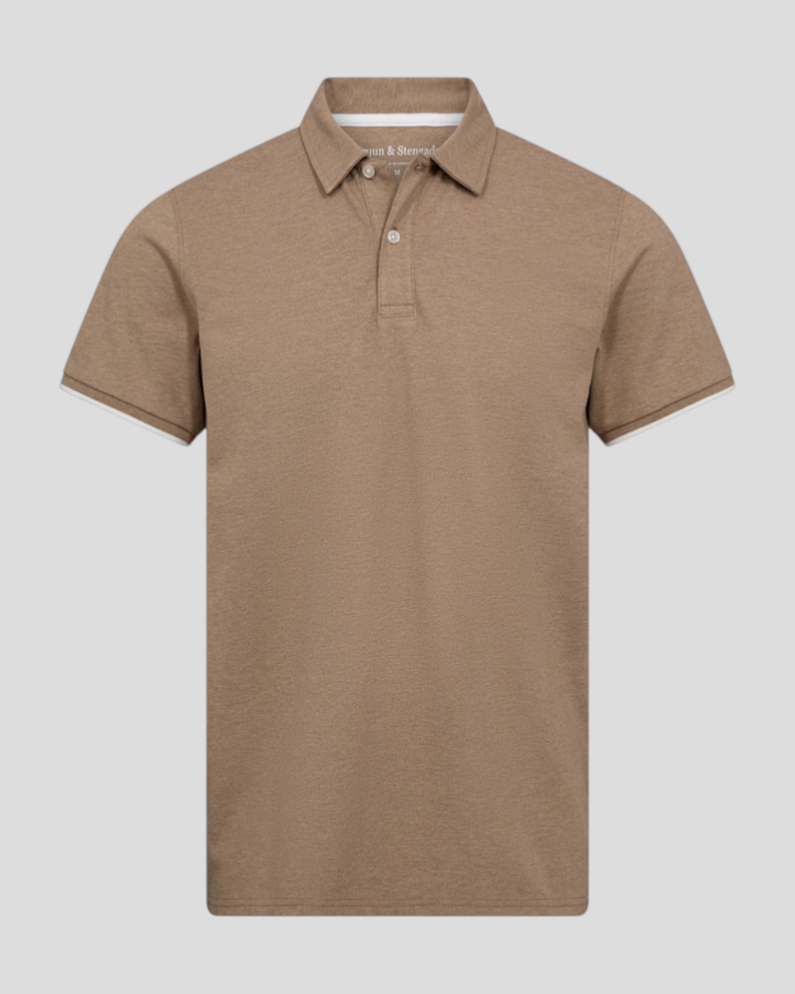 Brown Delos regular fit polo shirt by Bruun & Stengade, shown in a close-up image highlighting the collar and fabric texture.