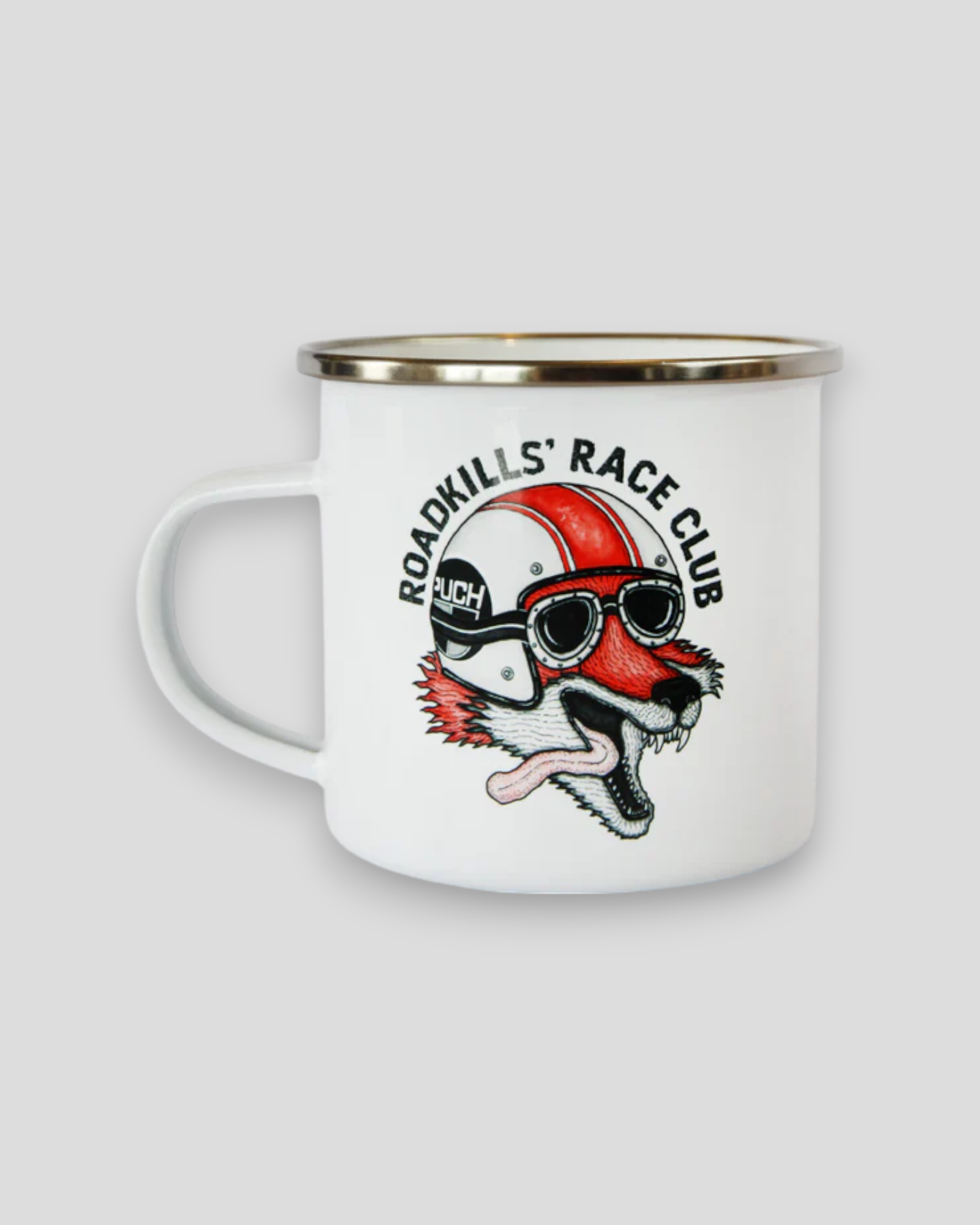 LAKOR Roadkill's Race Club emaljekrus – retro-inspireret kaffekrus i emalje med racerdesign, perfekt til garage, camping og hverdagsbrug