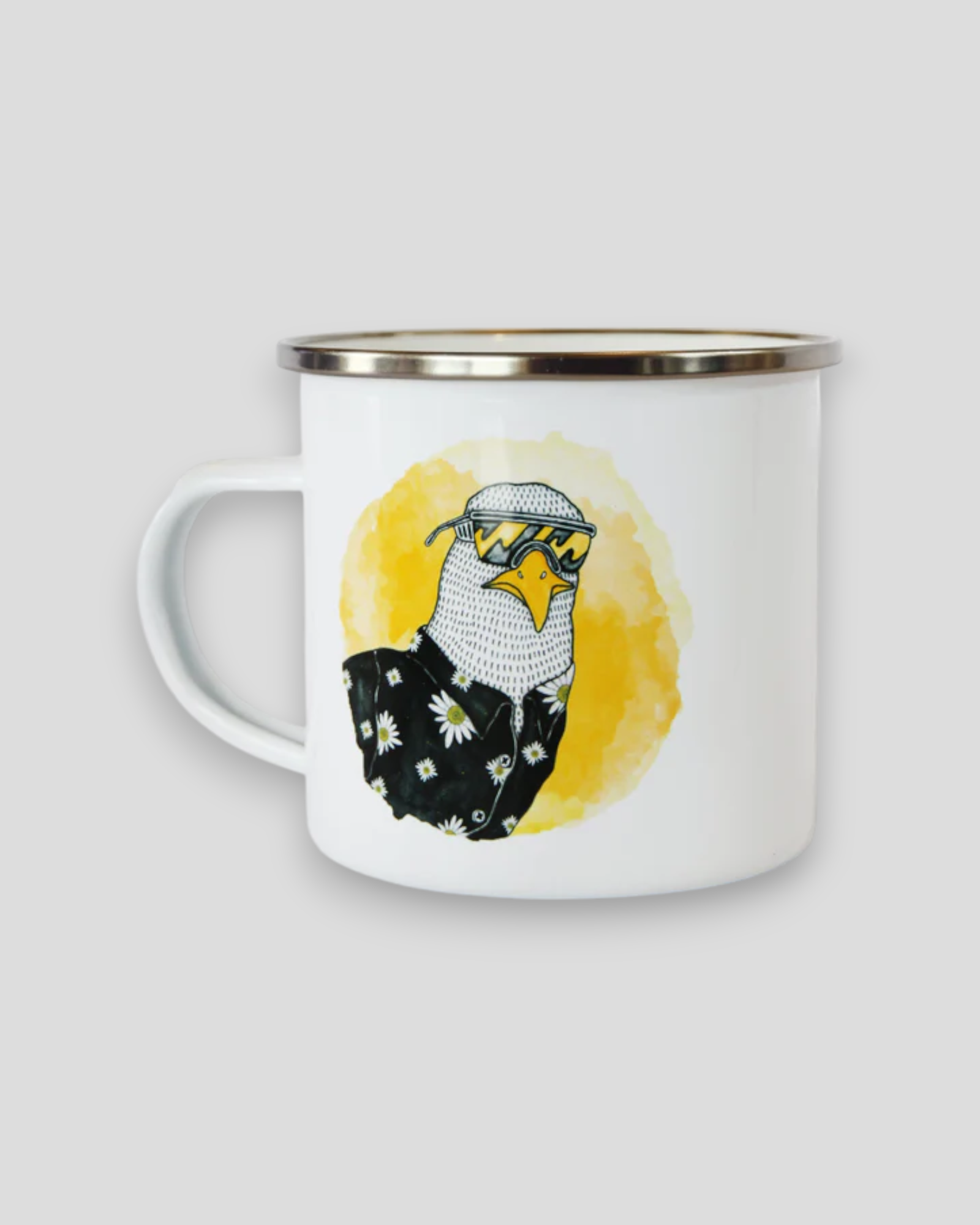 LAKOR Sunshine Seagull emaljekrus – lyst og farverigt kaffekrus med sol og måge-design, perfekt til camping, stranden og udendørs eventyr