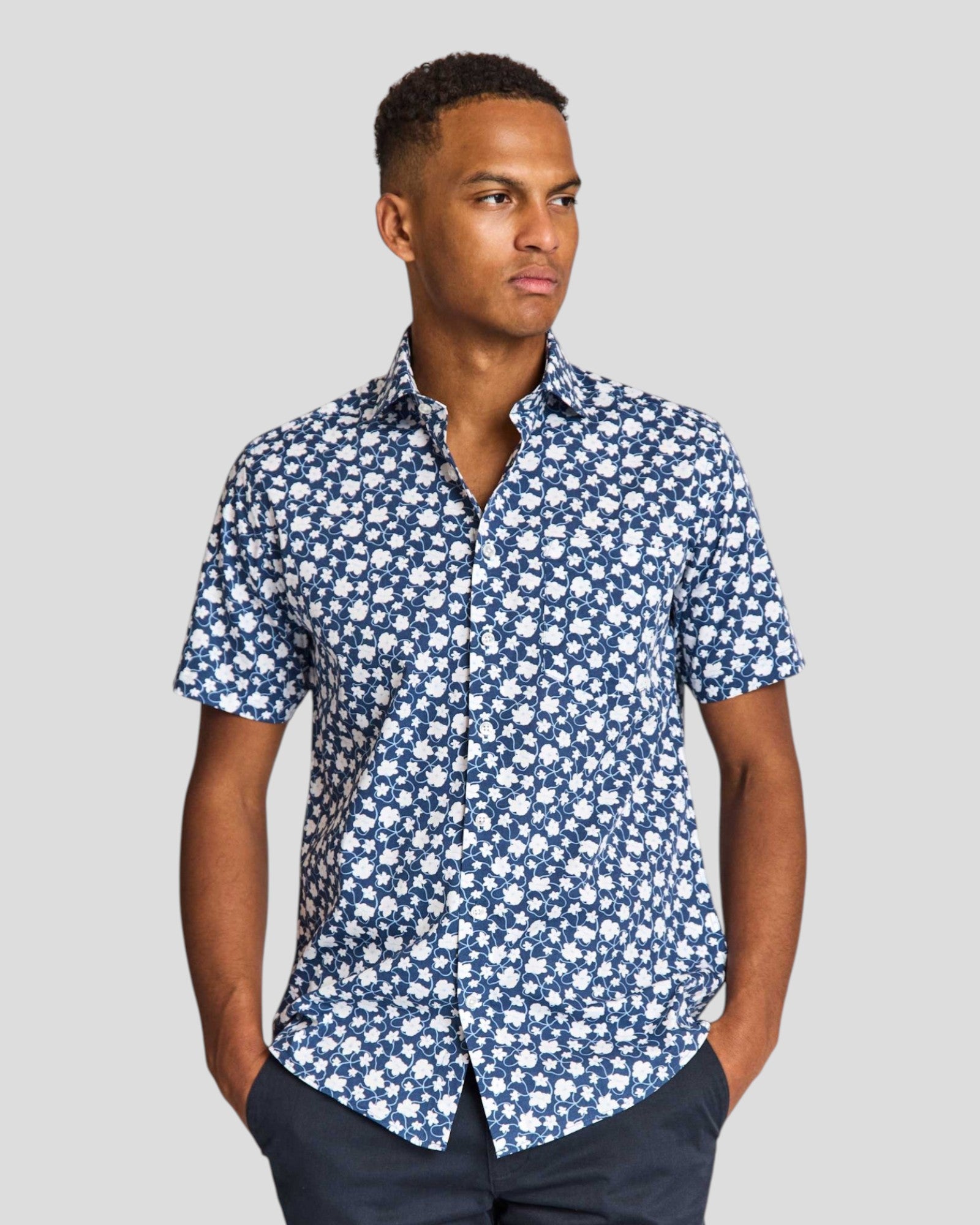 Dark blue Arpad modern fit shirt by Bruun & Stengade, shown flat with collar and button details.