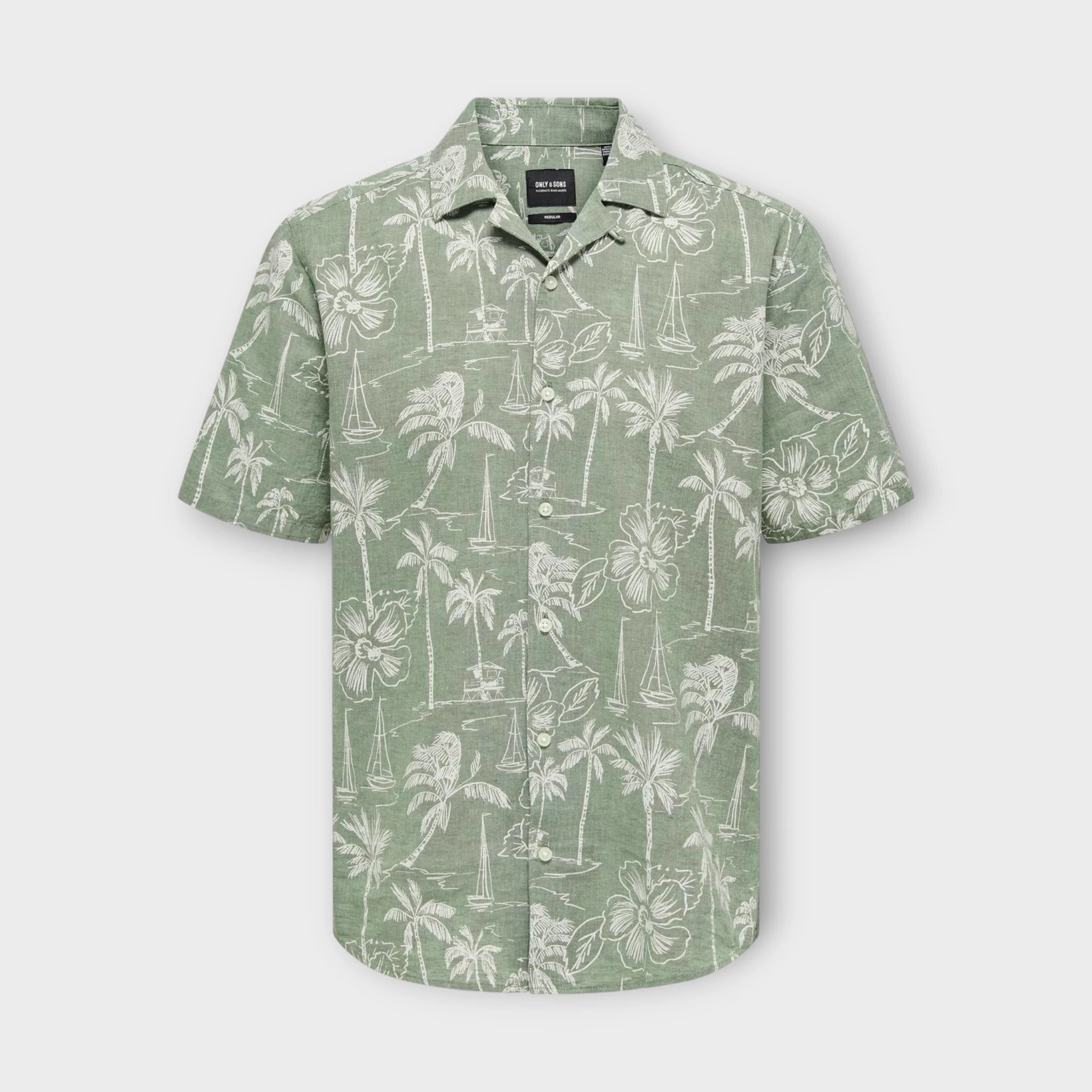 Only and Sons Caiden SS Hawaii Linen Swamp, skarp kortærmet grøn printet hørskjorte. Her set forfra.