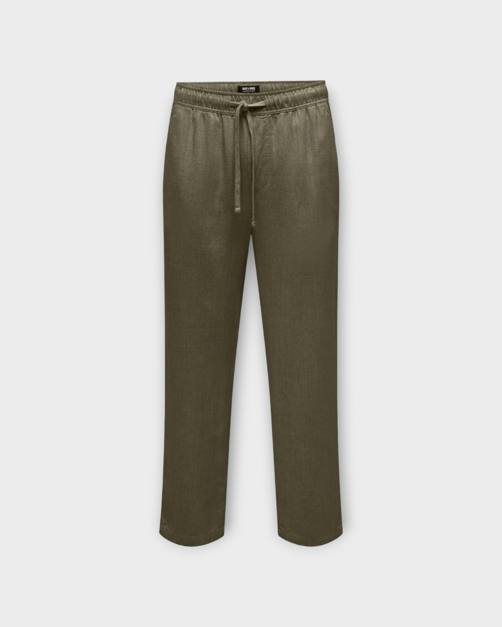 Only and Sons Sinus Loose Visc Lin Pants Olive Night, lækre grønne baggy hørbukser til mænd. Her set forfra.